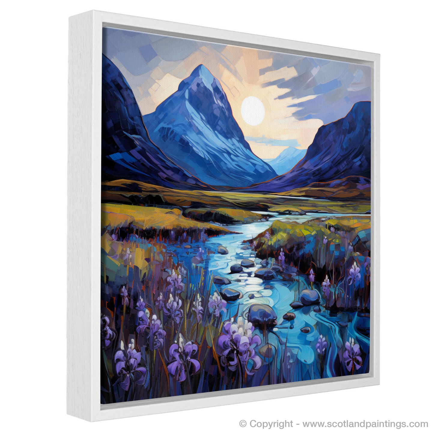 Painting and Art Print of Bluebells under Buachaille at dusk in Glencoe entitled "Bluebells and Buachaille at Dusk: An Expressive Glencoe Masterpiece".