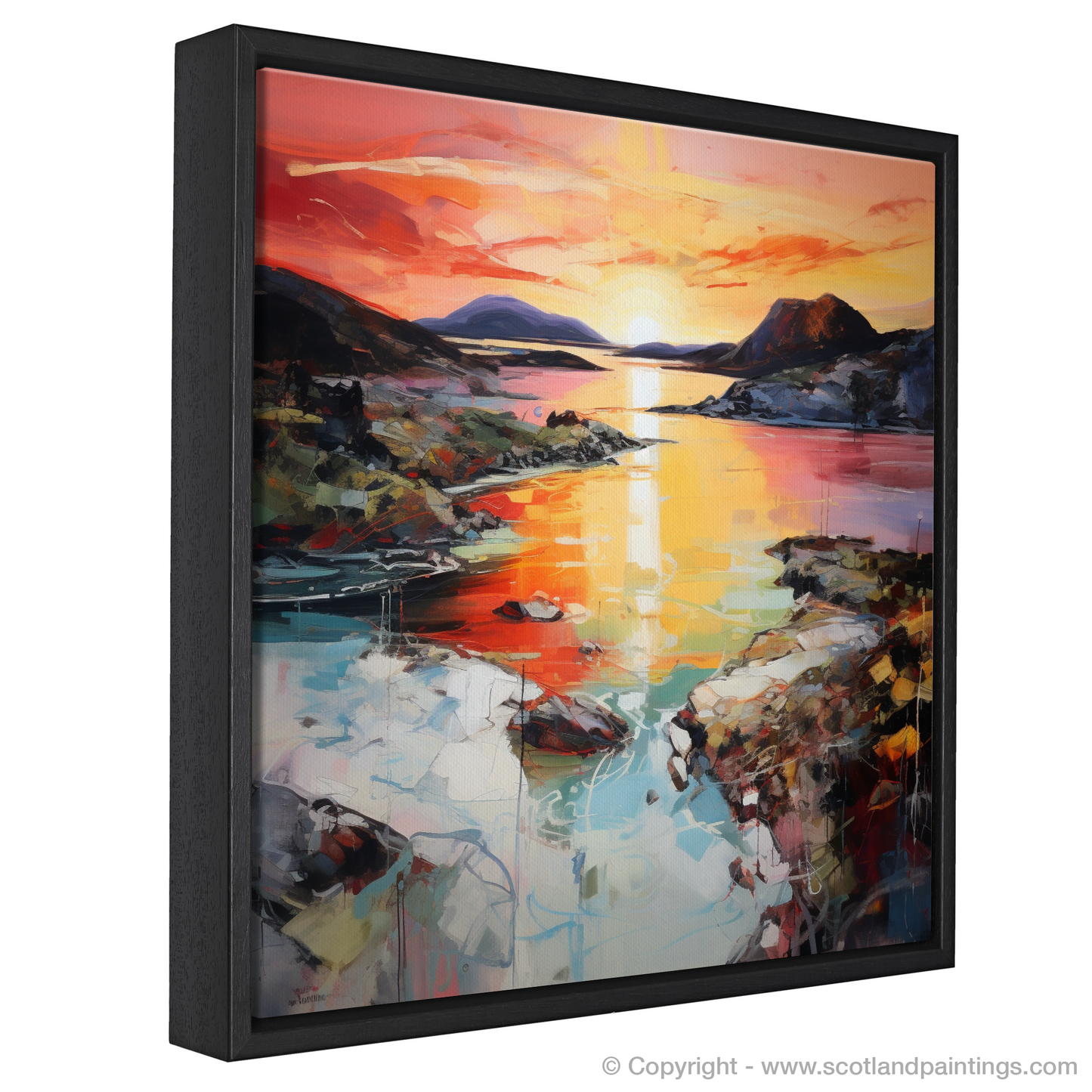 Painting and Art Print of Ardtun Bay at sunset entitled "Ardtun Bay's Fiery Embrace at Twilight".