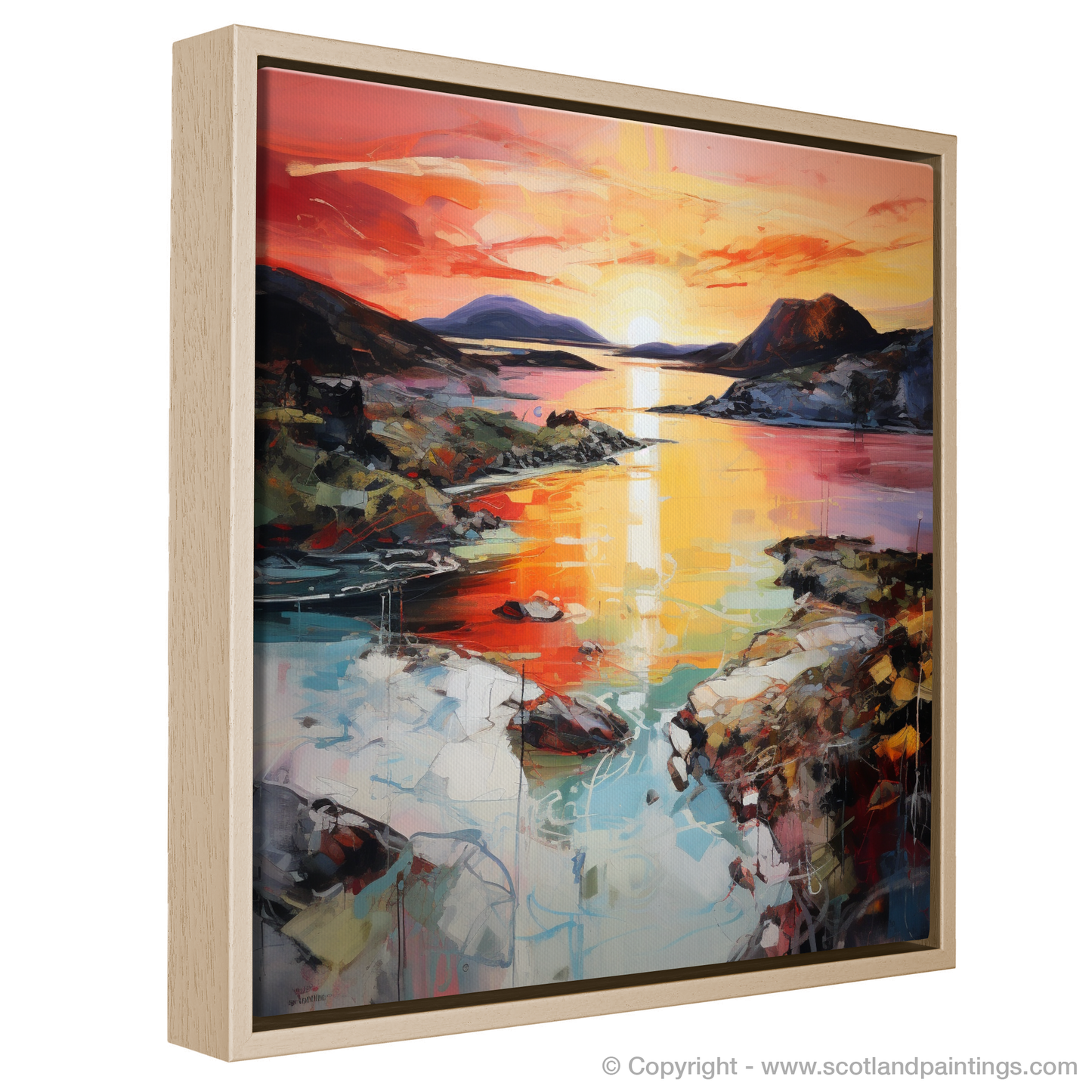 Painting and Art Print of Ardtun Bay at sunset entitled "Ardtun Bay's Fiery Embrace at Twilight".