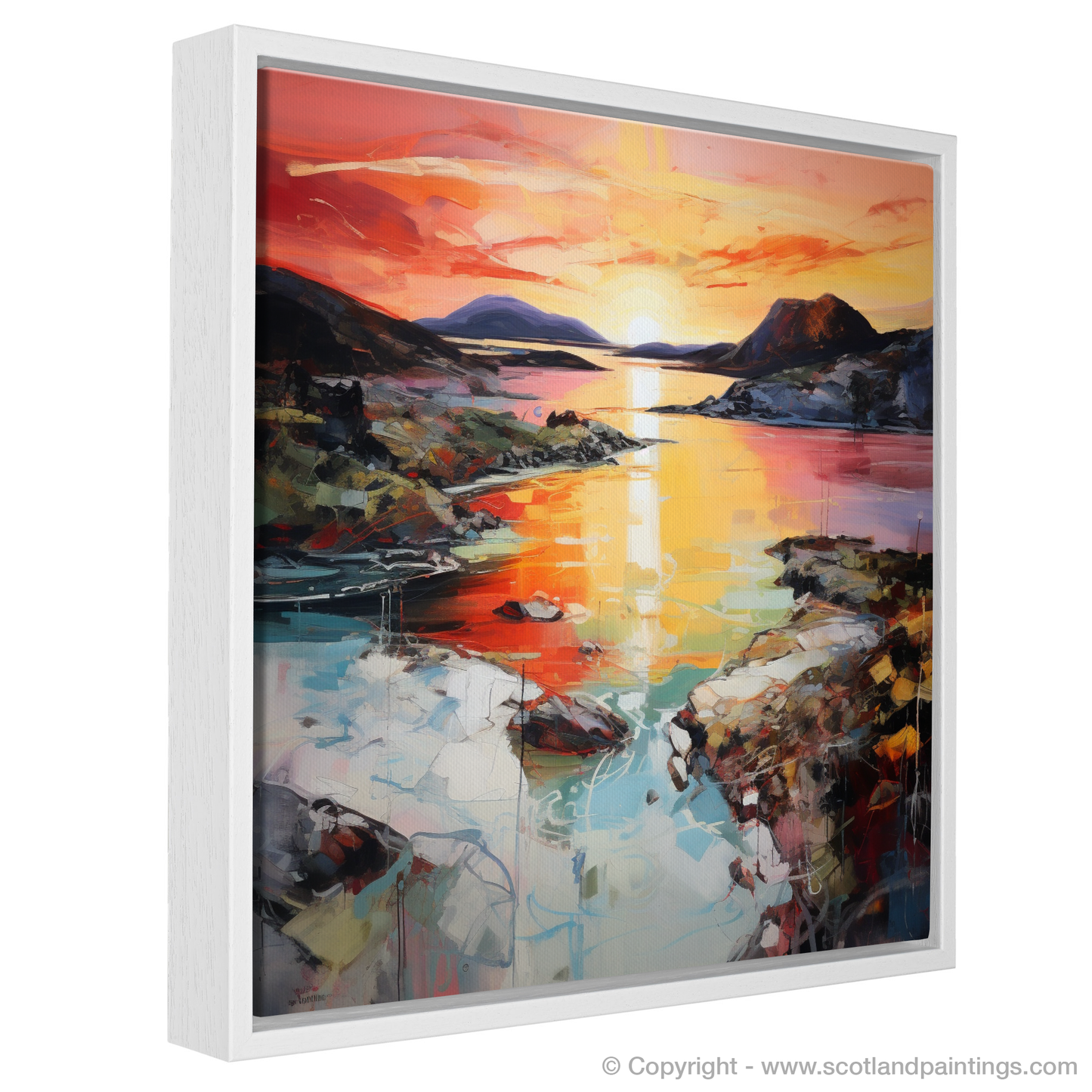 Painting and Art Print of Ardtun Bay at sunset entitled "Ardtun Bay's Fiery Embrace at Twilight".