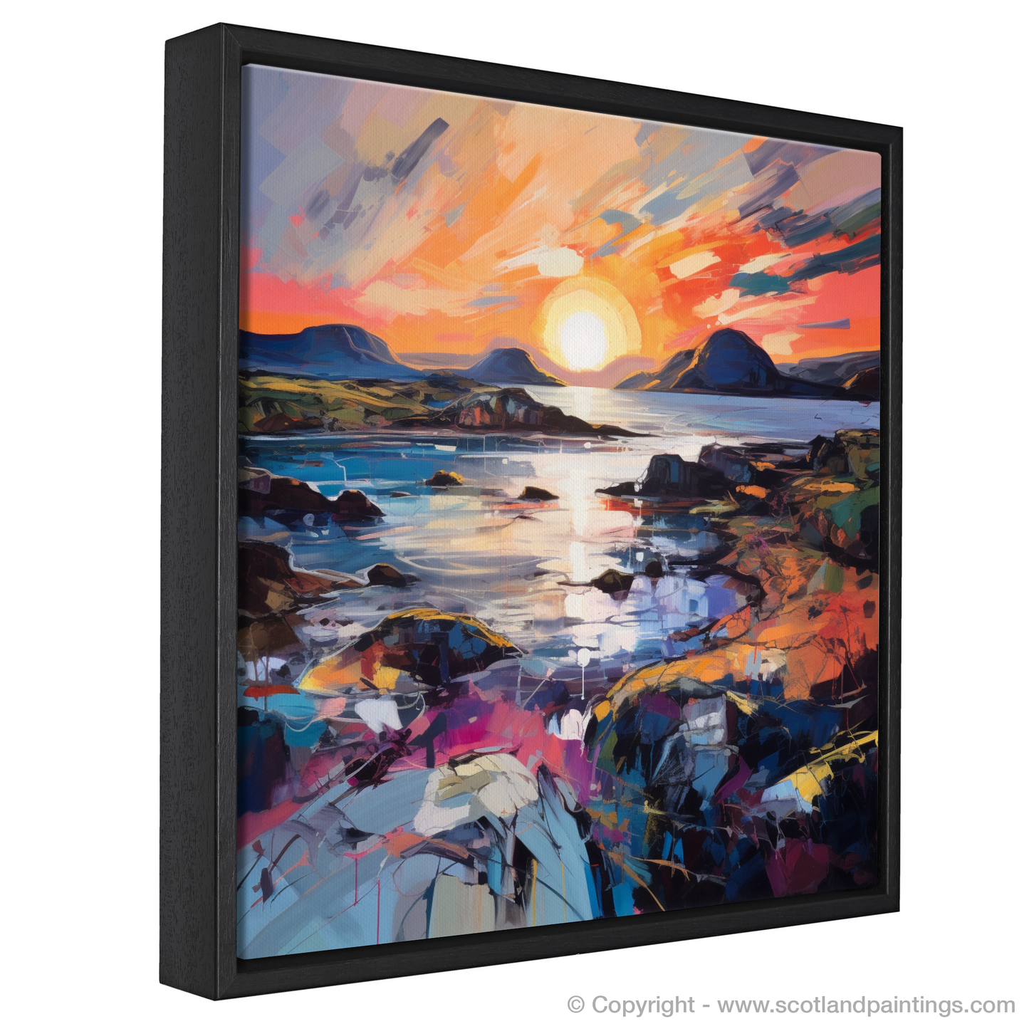 Painting and Art Print of Ardtun Bay at sunset entitled "Ardtun Bay Sunset Blaze: An Expressionist Ode to Scottish Coves".