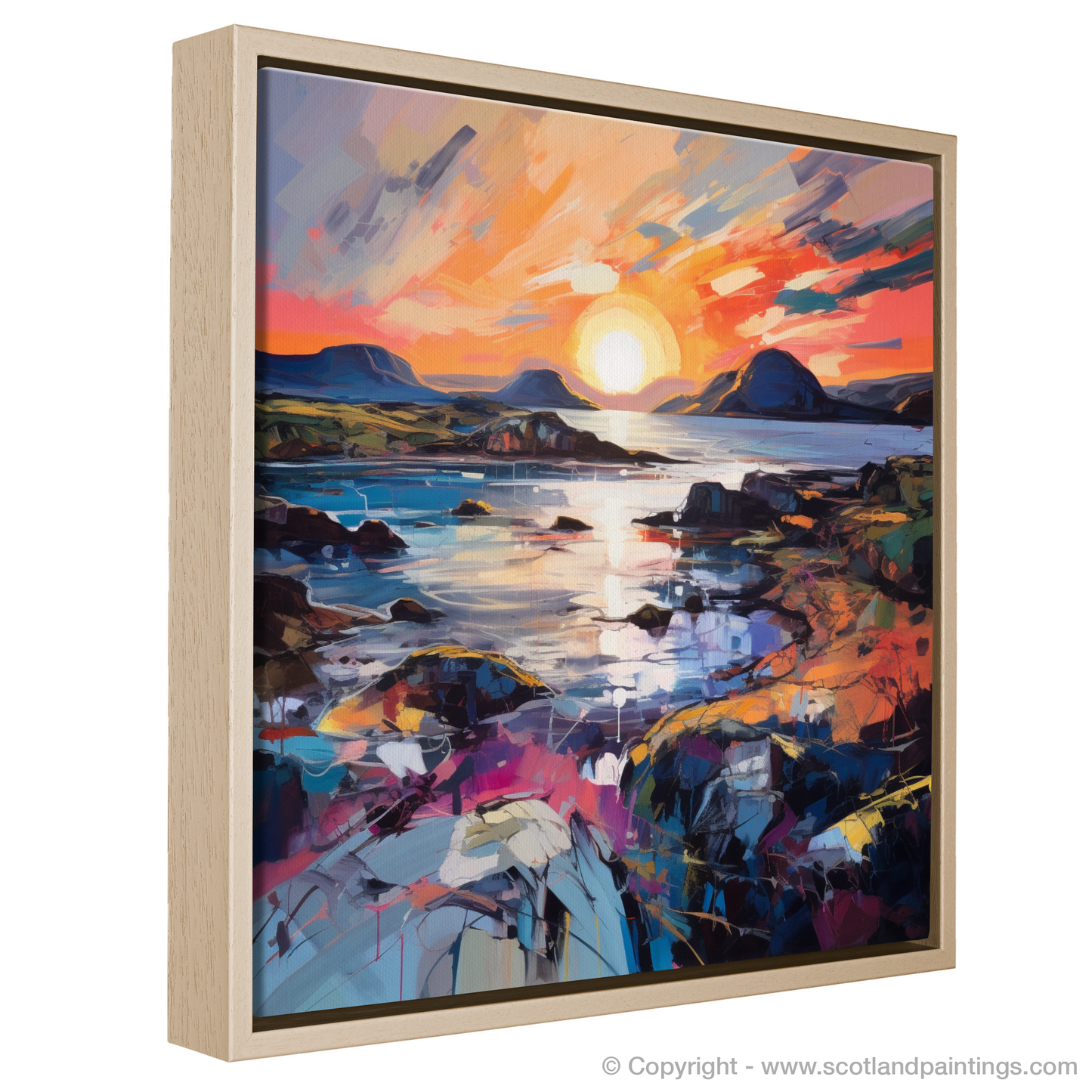Painting and Art Print of Ardtun Bay at sunset entitled "Ardtun Bay Sunset Blaze: An Expressionist Ode to Scottish Coves".