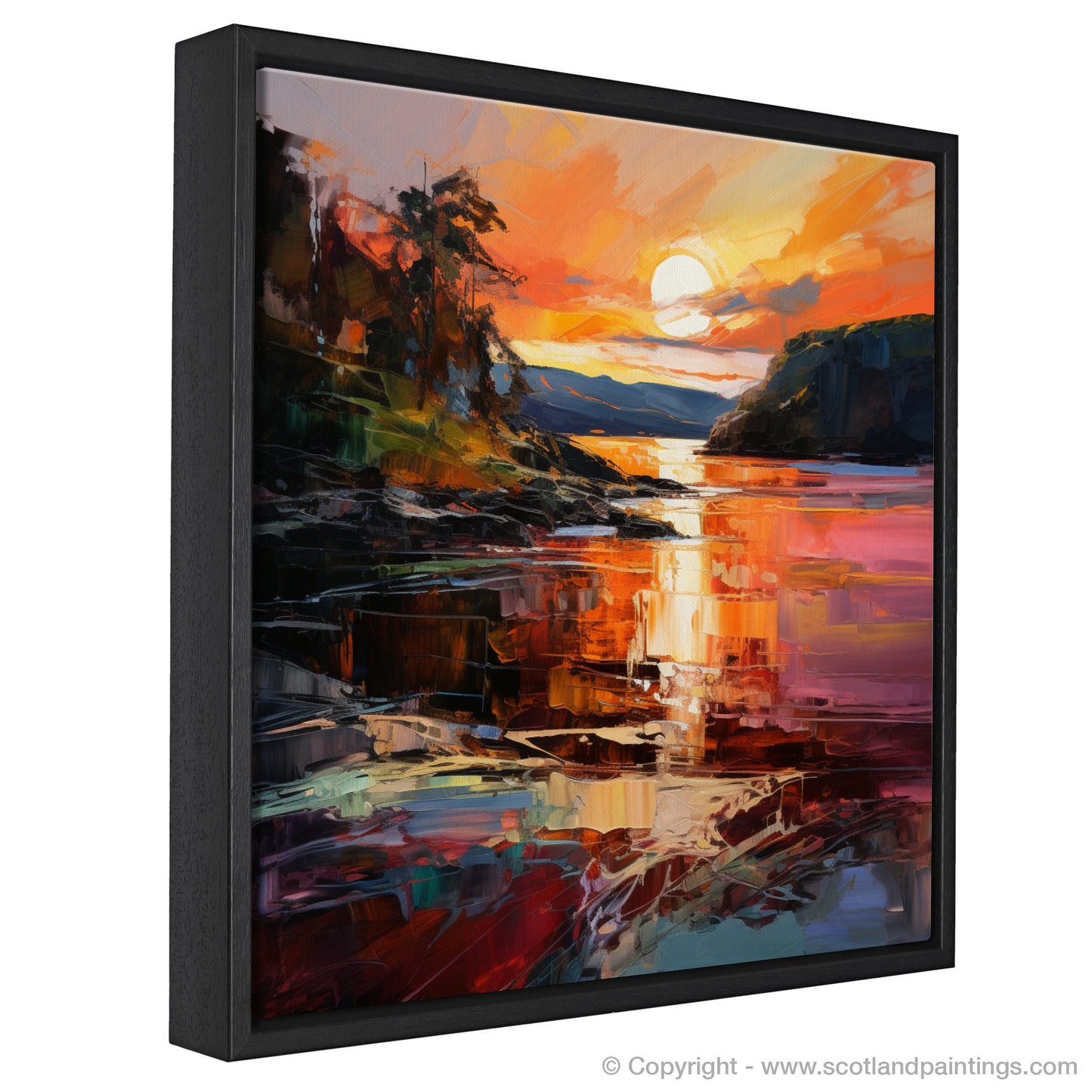 Painting and Art Print of Ardtun Bay at sunset. Ardtun Bay's Fiery Sunset Embrace.