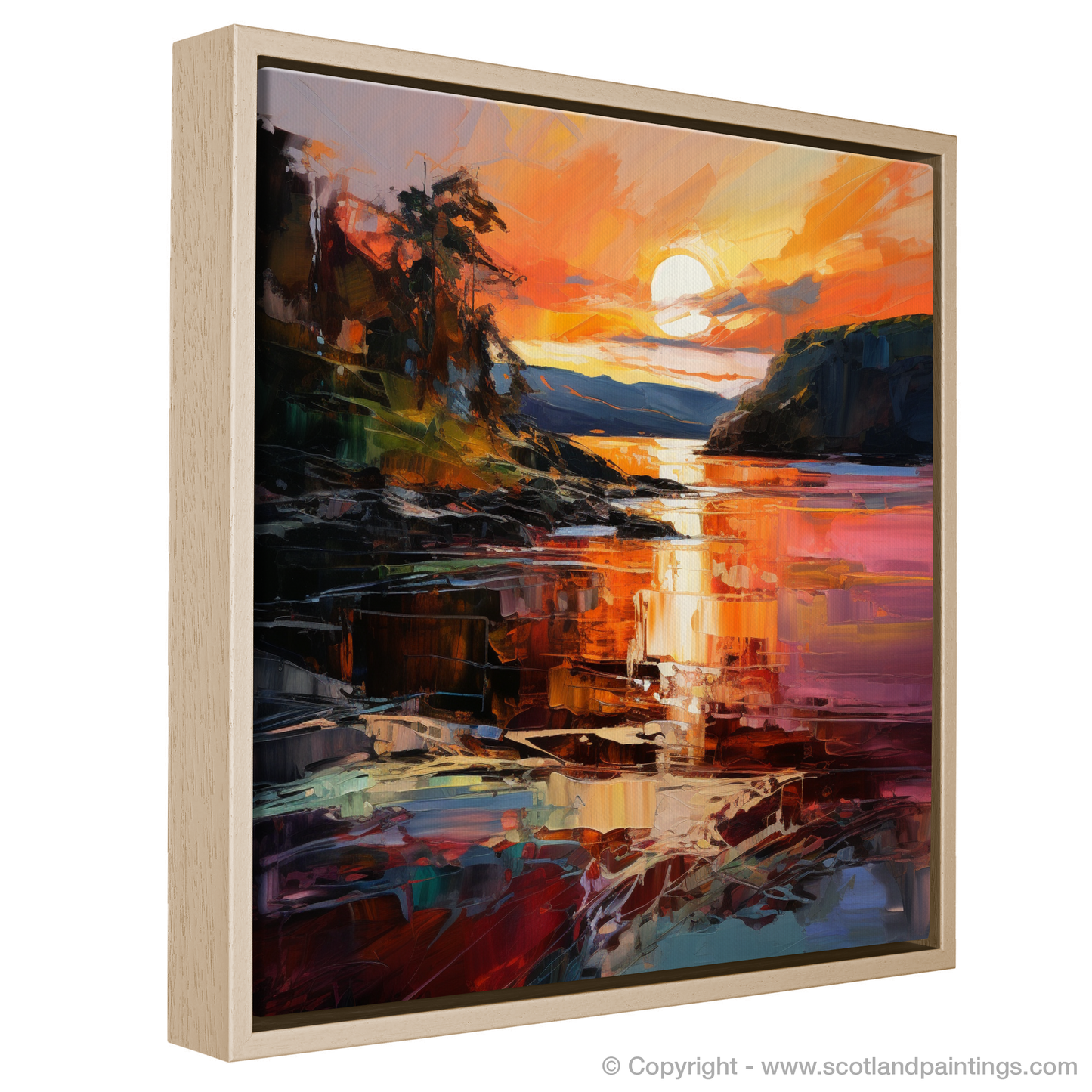 Painting and Art Print of Ardtun Bay at sunset. Ardtun Bay's Fiery Sunset Embrace.