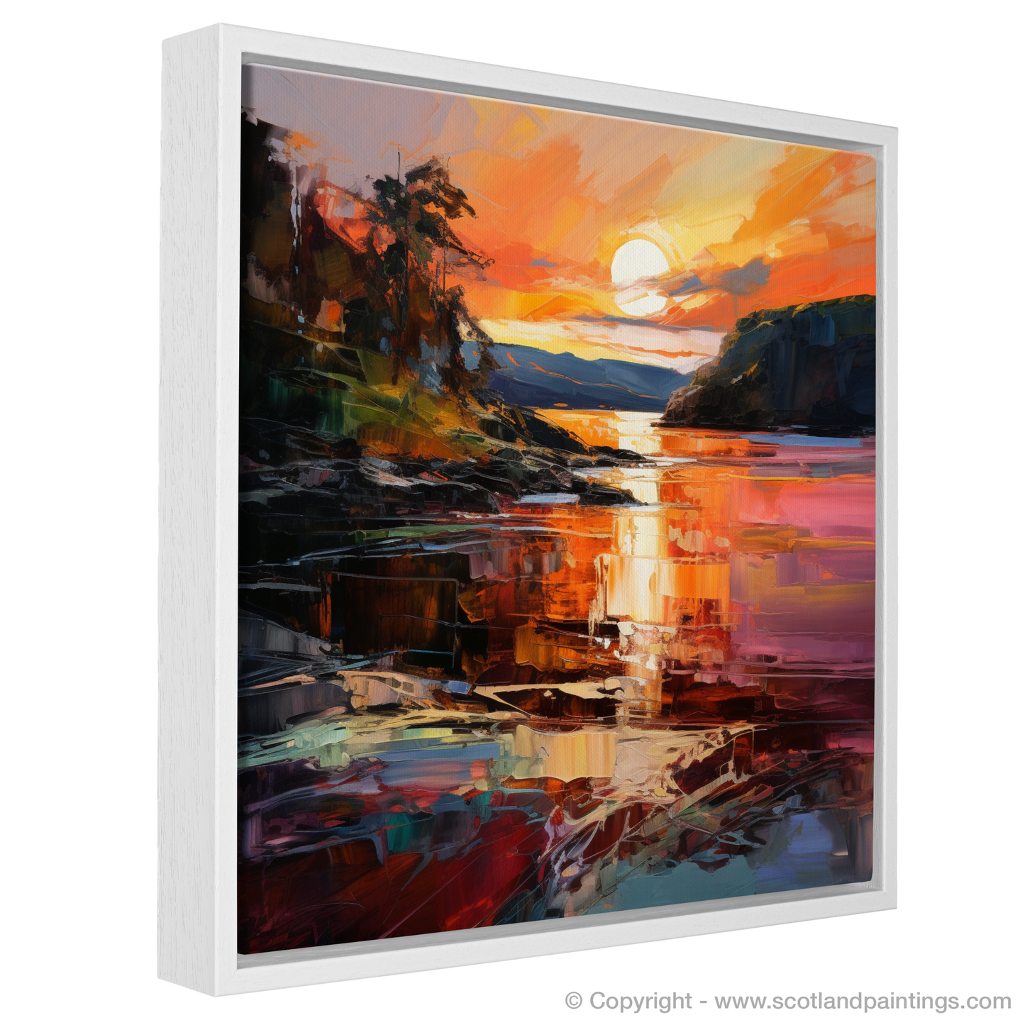 Painting and Art Print of Ardtun Bay at sunset. Ardtun Bay's Fiery Sunset Embrace.