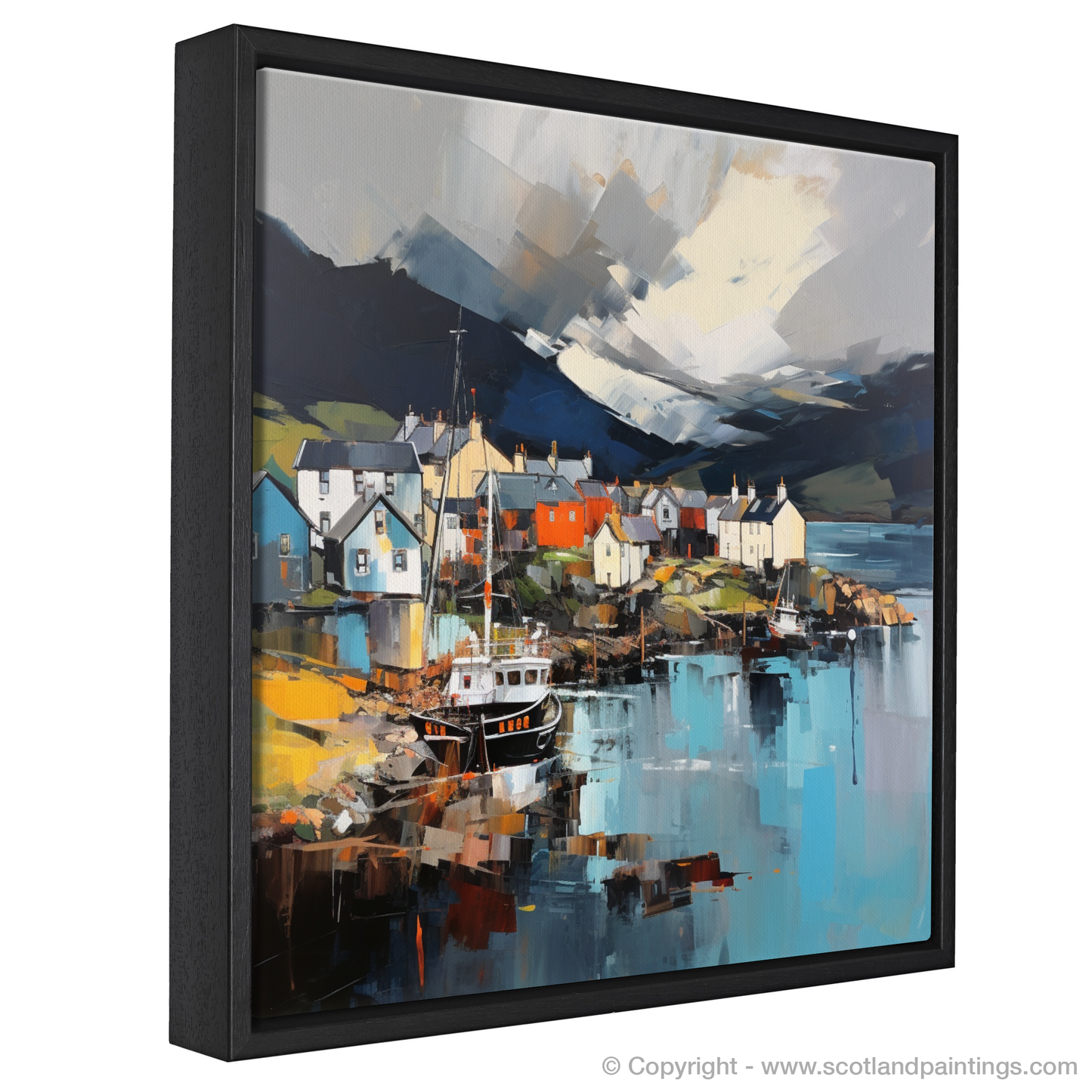 Painting and Art Print of Mallaig Harbour with a stormy sky entitled "Storm over Mallaig Harbour: An Expressionist Ode to Scottish Seascapes".