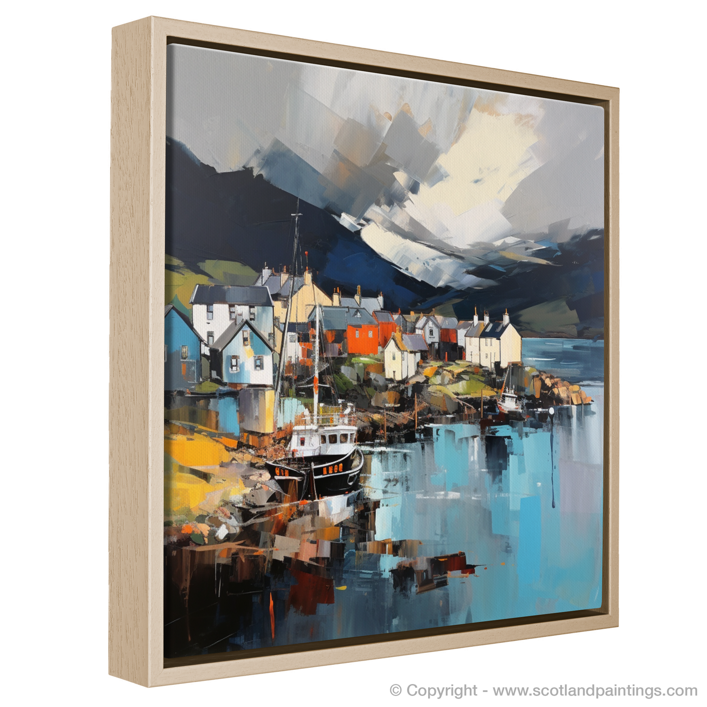 Painting and Art Print of Mallaig Harbour with a stormy sky entitled "Storm over Mallaig Harbour: An Expressionist Ode to Scottish Seascapes".