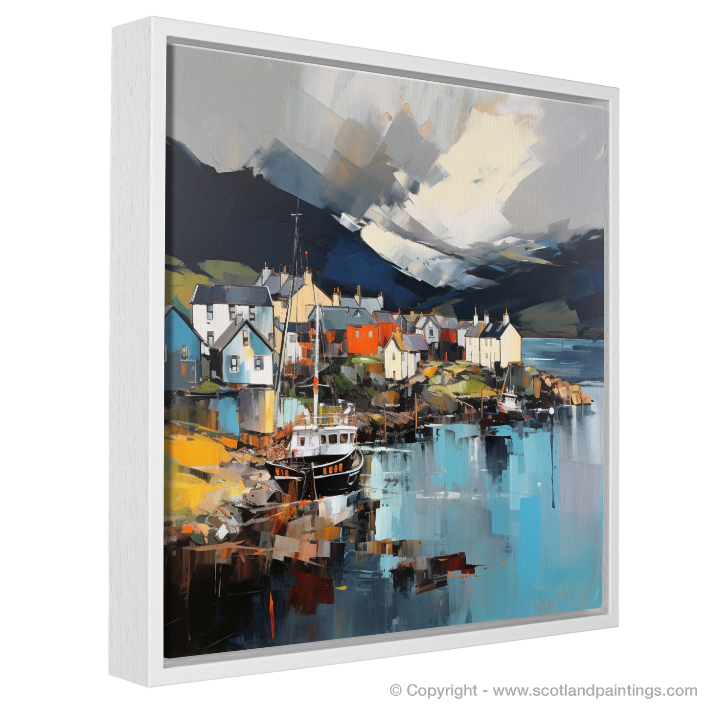 Painting and Art Print of Mallaig Harbour with a stormy sky entitled "Storm over Mallaig Harbour: An Expressionist Ode to Scottish Seascapes".
