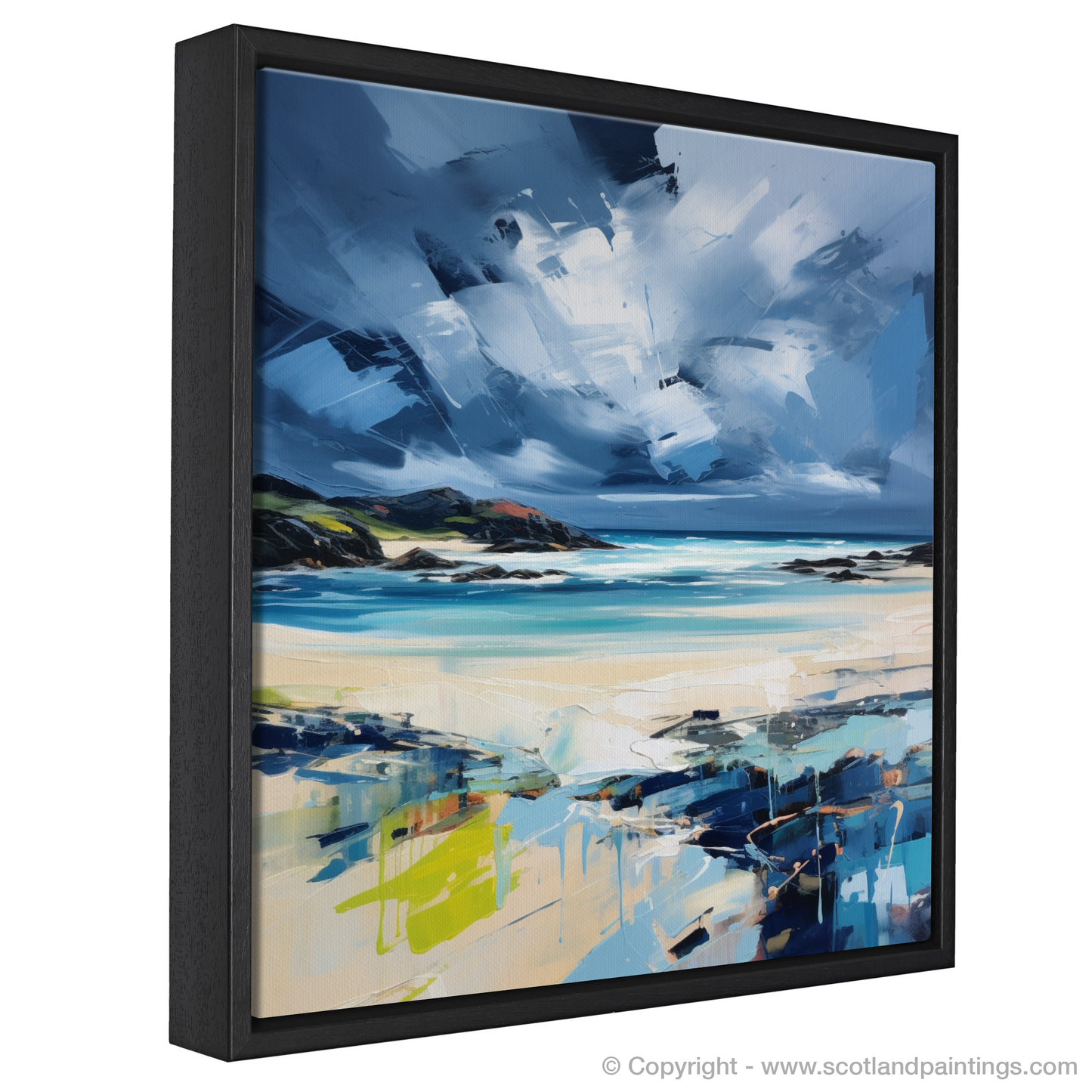 Painting and Art Print of Scarista Beach with a stormy sky entitled "Storm's Embrace: The Untamed Spirit of Scarista Beach".