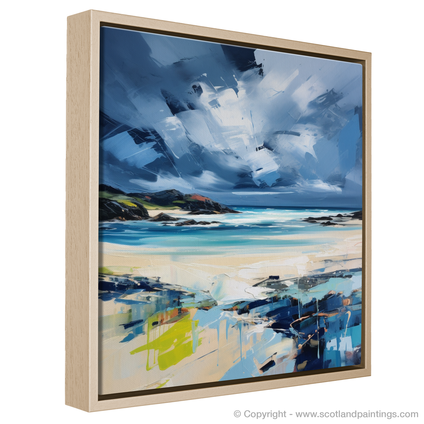 Painting and Art Print of Scarista Beach with a stormy sky entitled "Storm's Embrace: The Untamed Spirit of Scarista Beach".