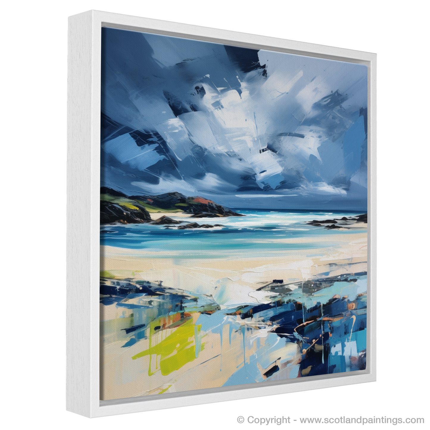 Painting and Art Print of Scarista Beach with a stormy sky entitled "Storm's Embrace: The Untamed Spirit of Scarista Beach".