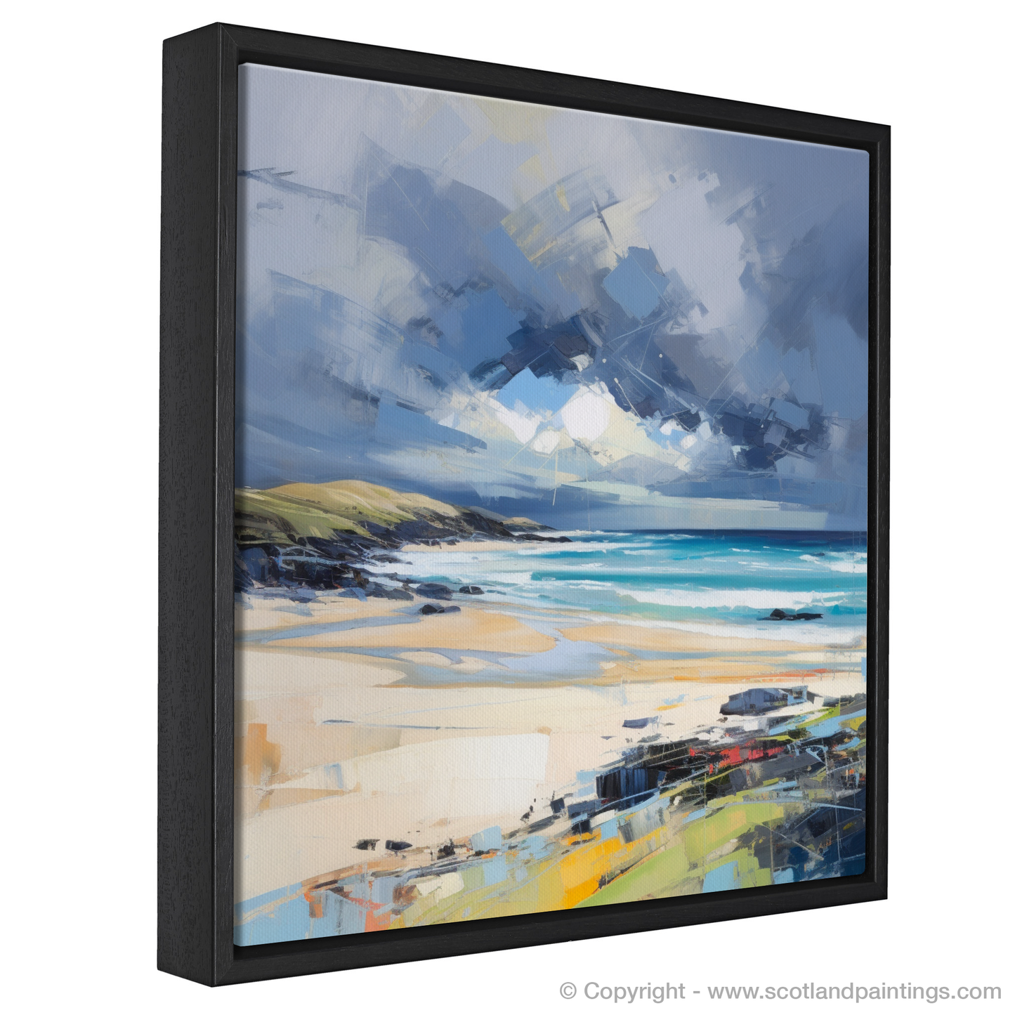 Painting and Art Print of Scarista Beach with a stormy sky entitled "Stormy Fervour: Scarista Beach in Expressionist Motion".