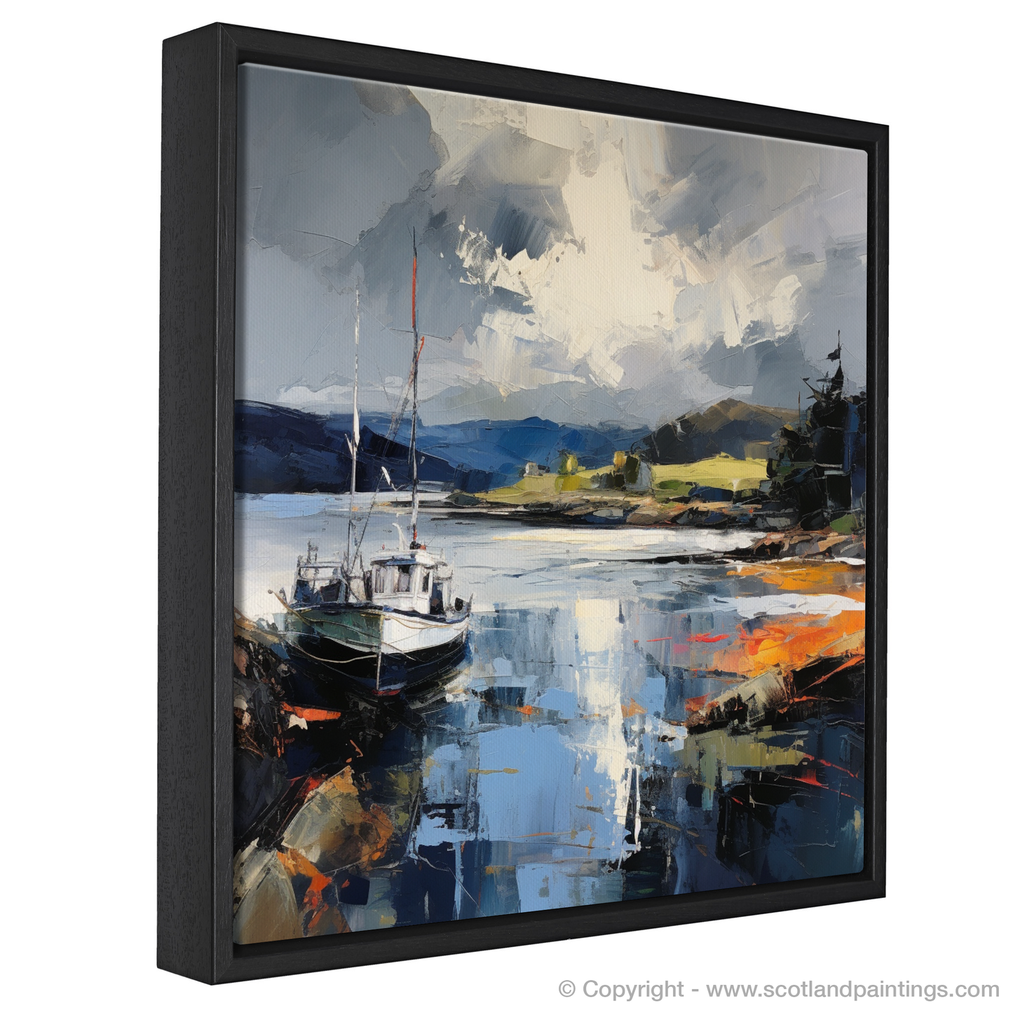 Painting and Art Print of Tayvallich Harbour with a stormy sky entitled "Storm Over Tayvallich Harbour: An Expressionist Tribute".