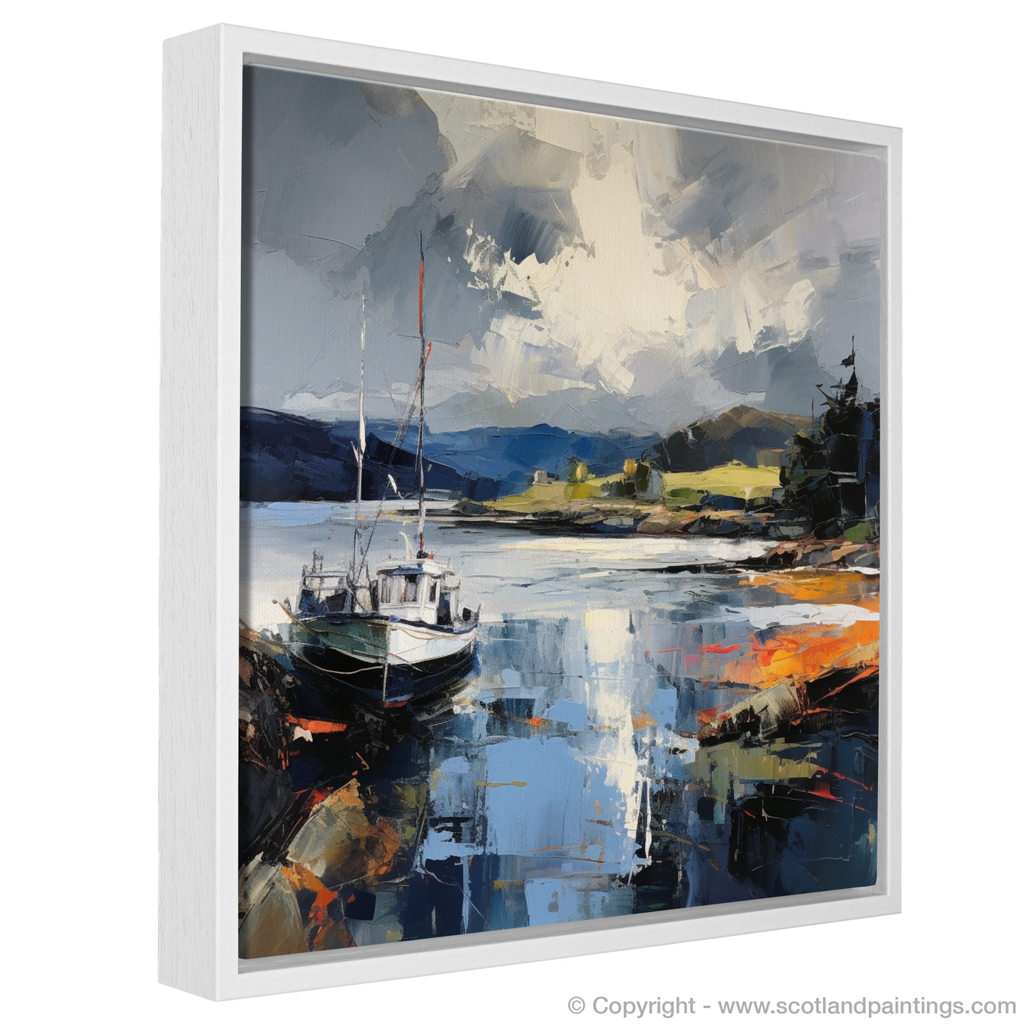 Painting and Art Print of Tayvallich Harbour with a stormy sky entitled "Storm Over Tayvallich Harbour: An Expressionist Tribute".