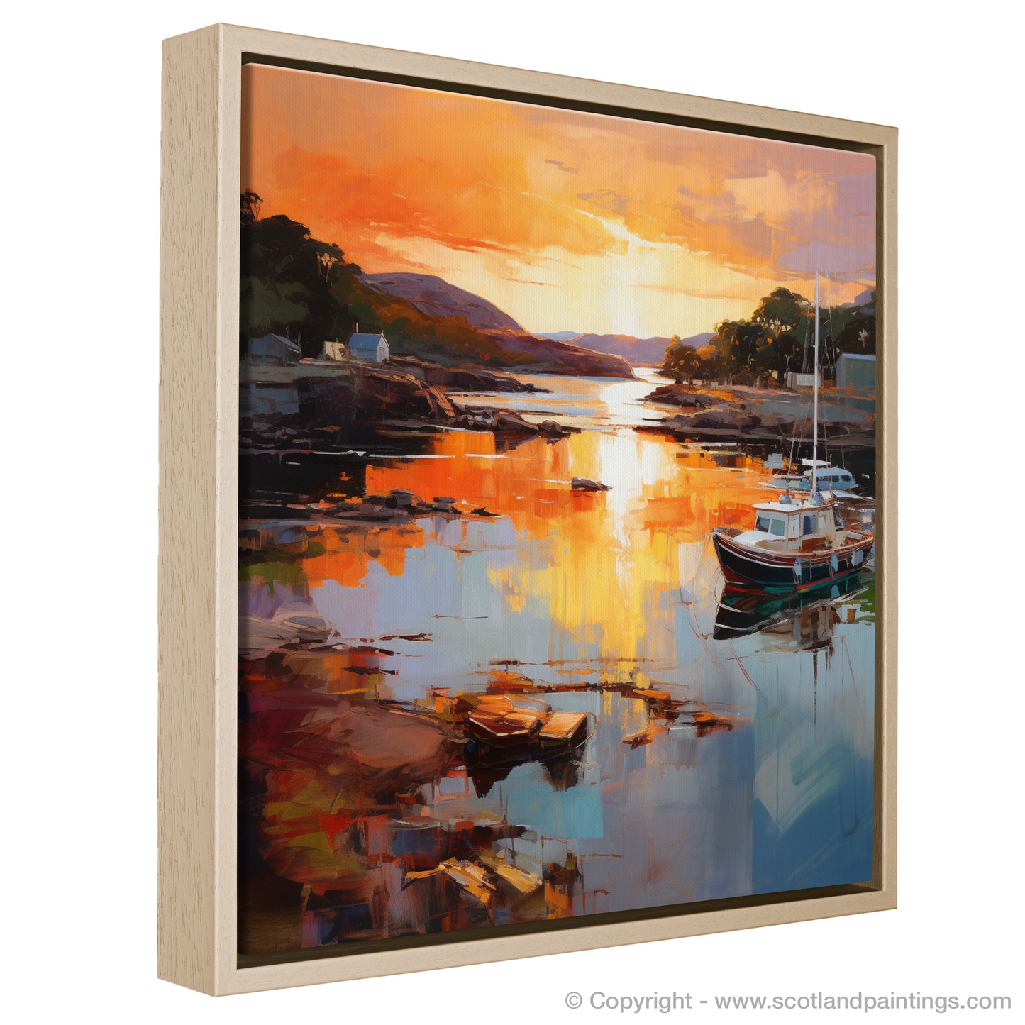 Painting and Art Print of Isleornsay Harbour at sunset entitled "Isleornsay Harbour at Twilight: An Expressionist Ode to Scottish Splendour".