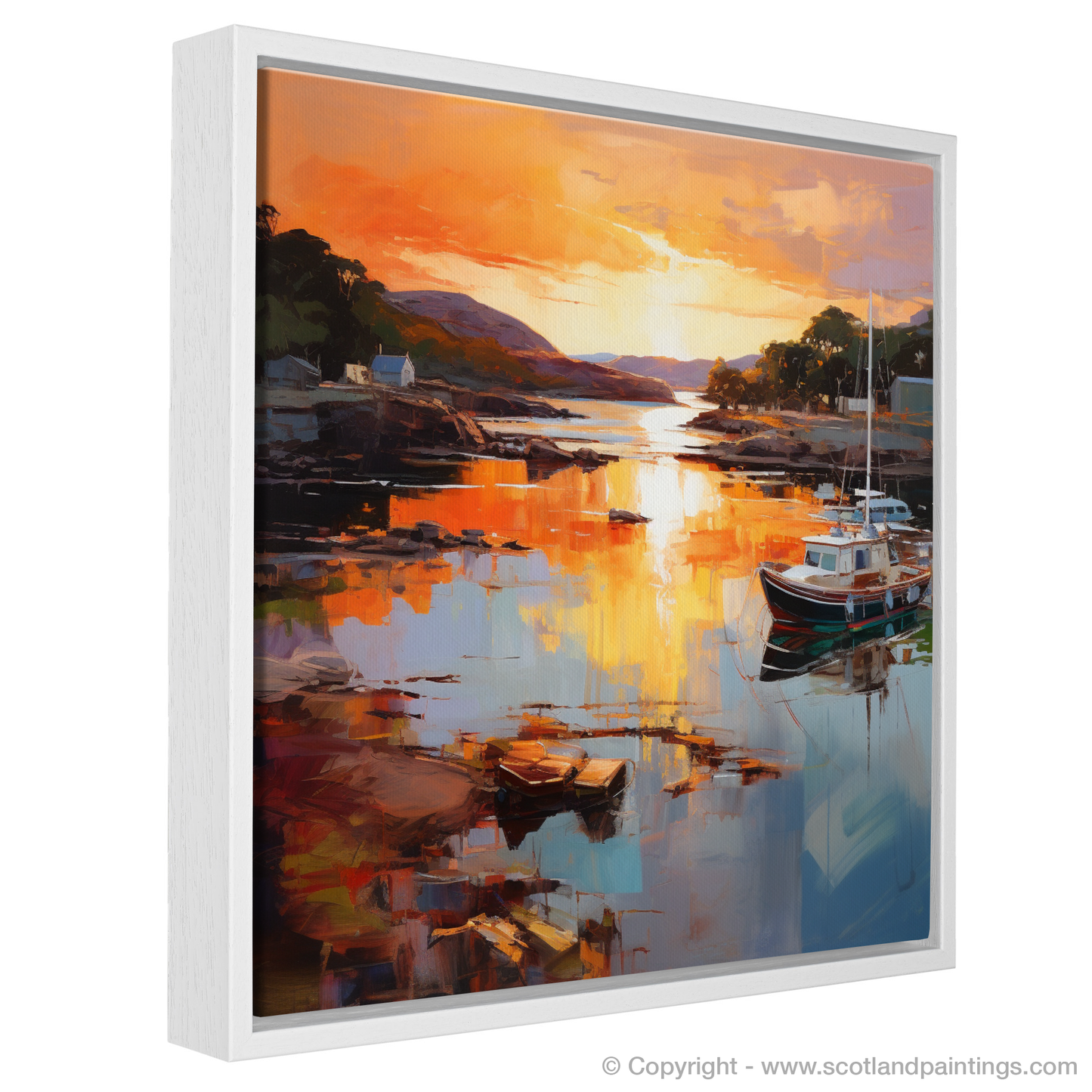 Painting and Art Print of Isleornsay Harbour at sunset entitled "Isleornsay Harbour at Twilight: An Expressionist Ode to Scottish Splendour".