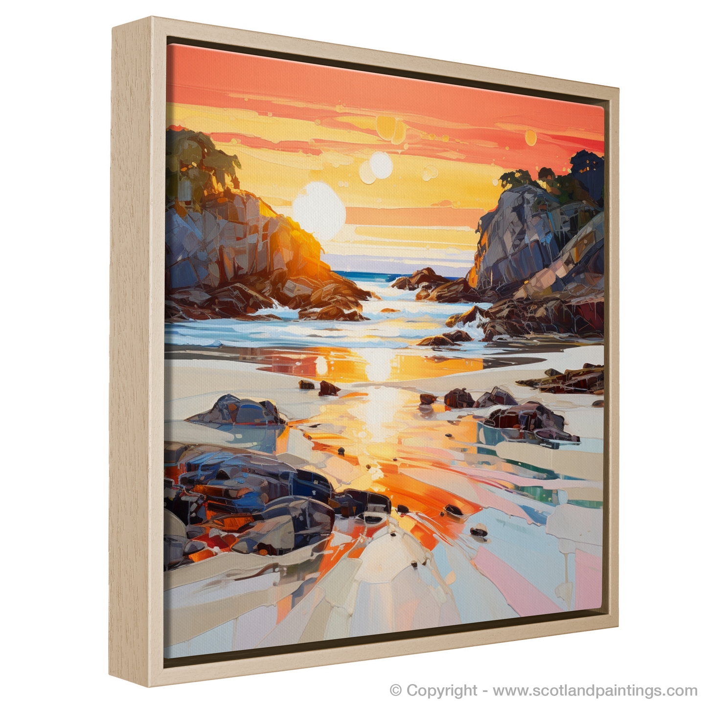 Painting and Art Print of Coral Beach at golden hour. Golden Hour at Coral Beach - An Expressionist Ode to Scotland's Shores.