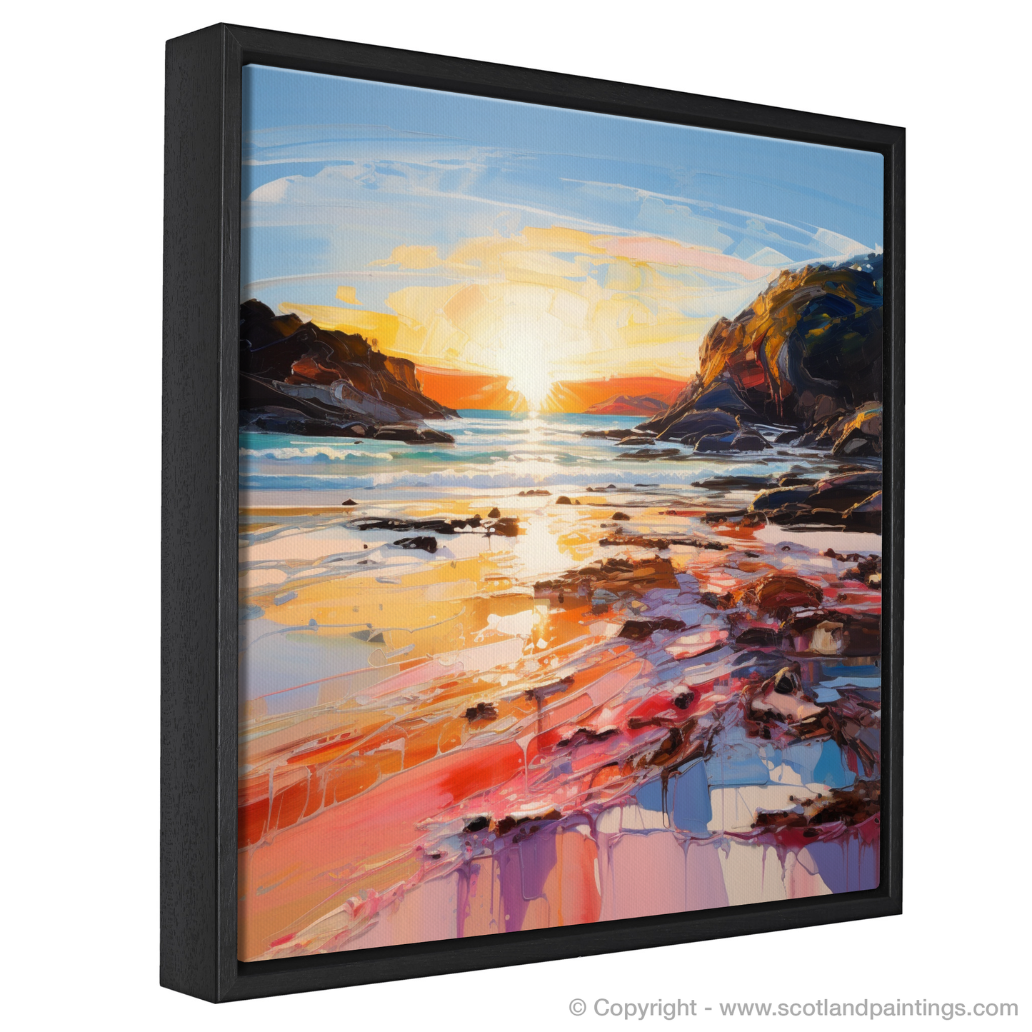 Painting and Art Print of Coral Beach at golden hour entitled "Golden Hour at Coral Beach: An Expressionist Ode to Scottish Shores".