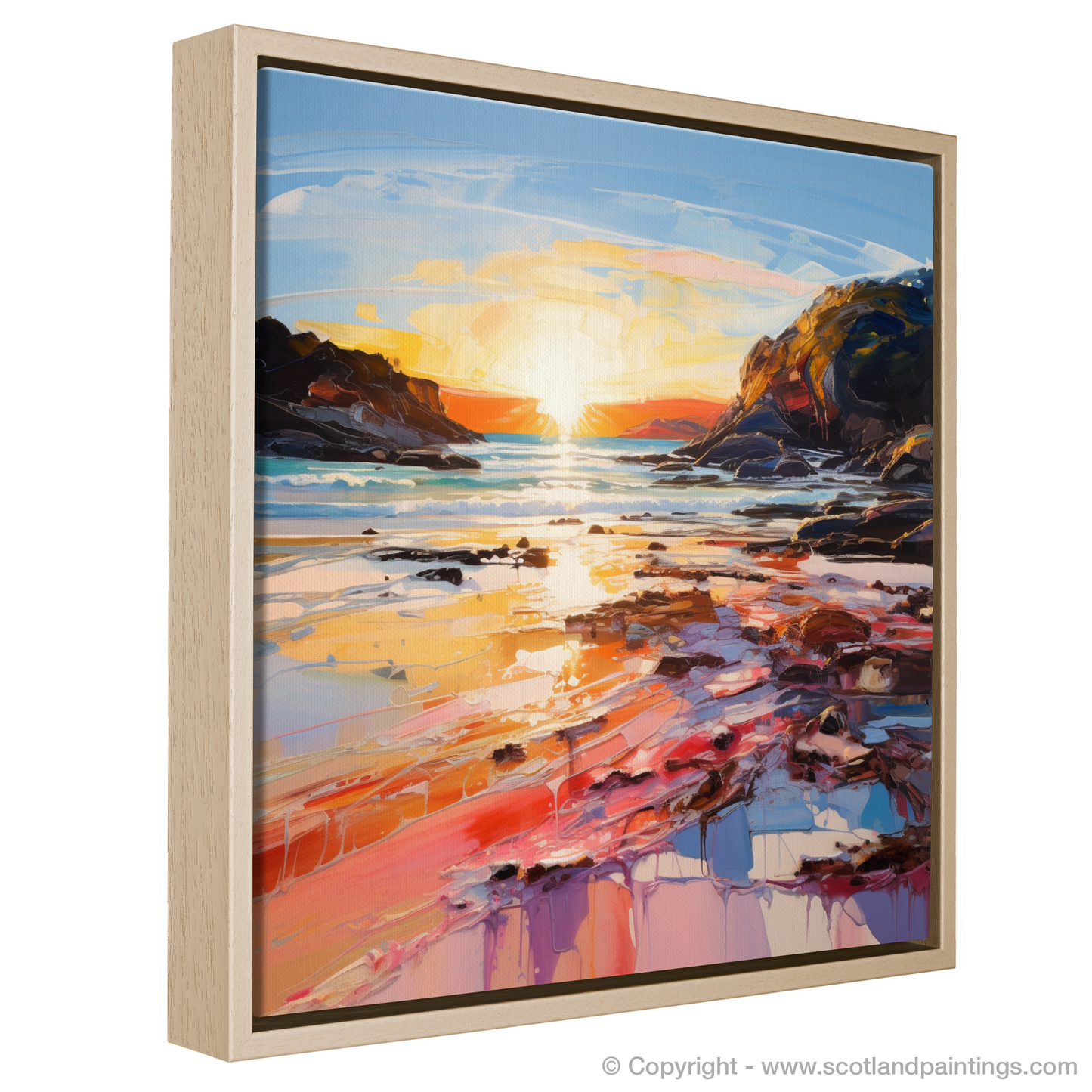 Painting and Art Print of Coral Beach at golden hour entitled "Golden Hour at Coral Beach: An Expressionist Ode to Scottish Shores".