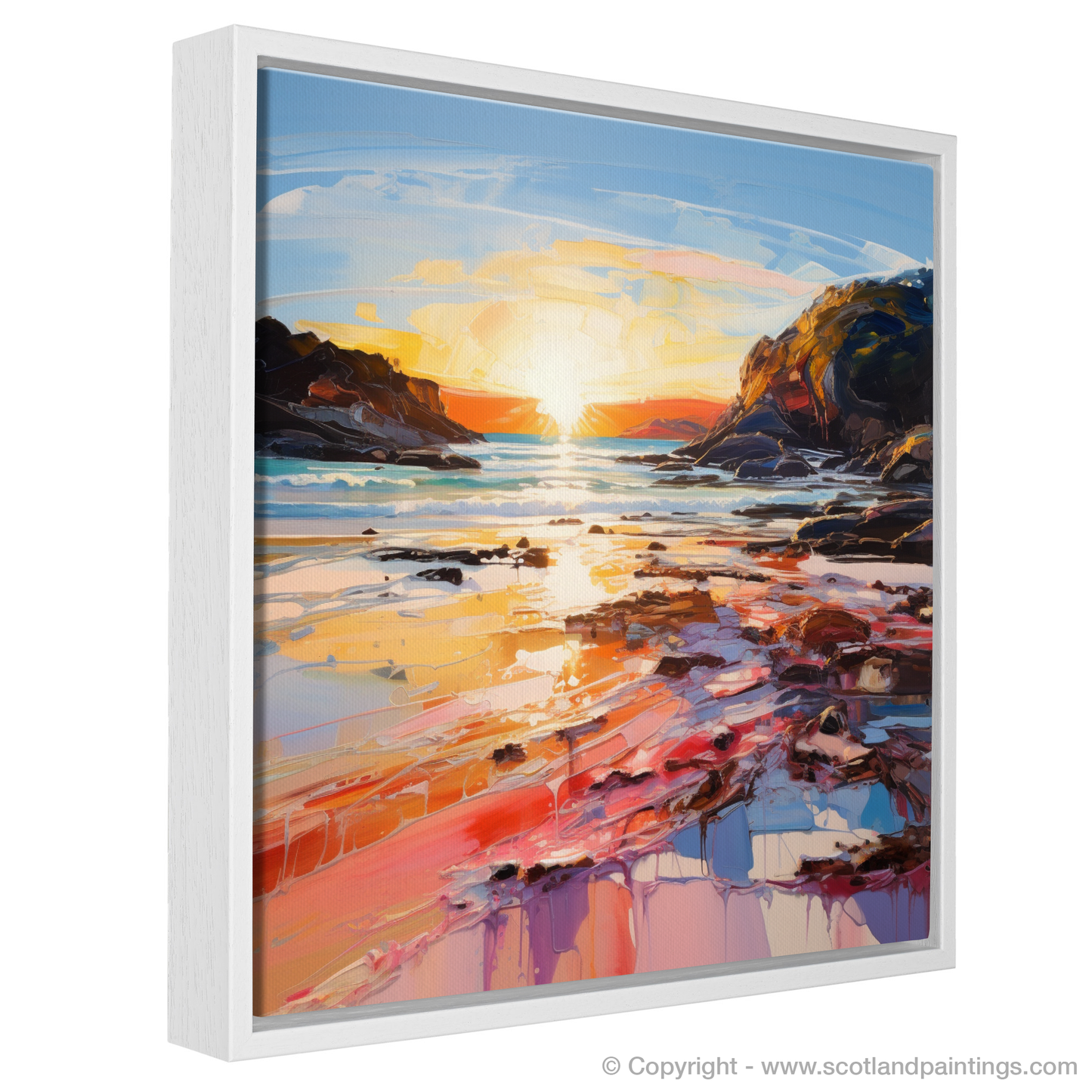 Painting and Art Print of Coral Beach at golden hour entitled "Golden Hour at Coral Beach: An Expressionist Ode to Scottish Shores".