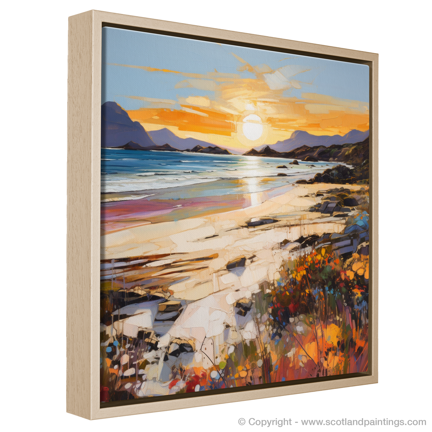 Painting and Art Print of Arisaig Beach at golden hour entitled "Golden Embrace of Arisaig Beach".