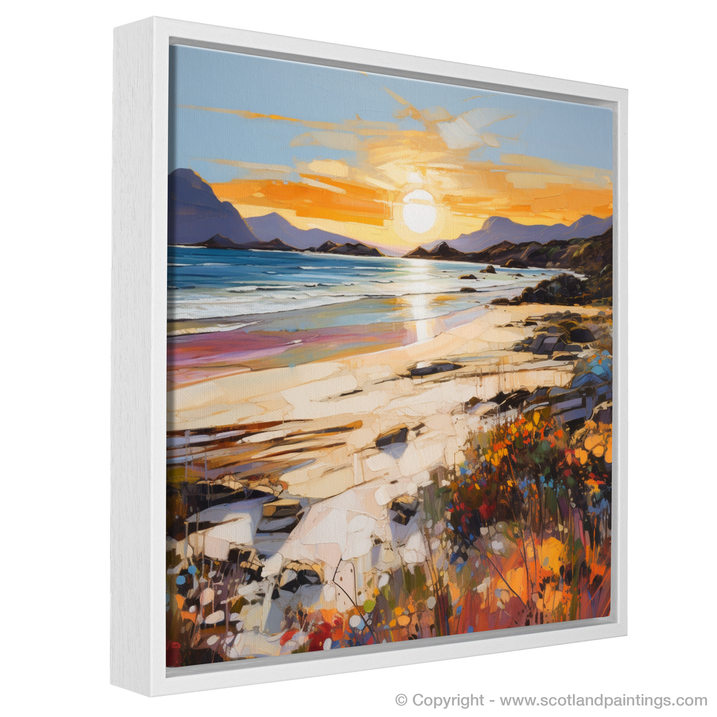 Painting and Art Print of Arisaig Beach at golden hour entitled "Golden Embrace of Arisaig Beach".