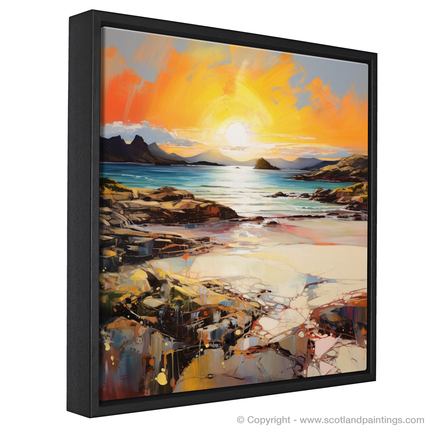 Painting and Art Print of Arisaig Beach at golden hour entitled "Golden Hour Embrace: An Expressionist Ode to Arisaig Beach".