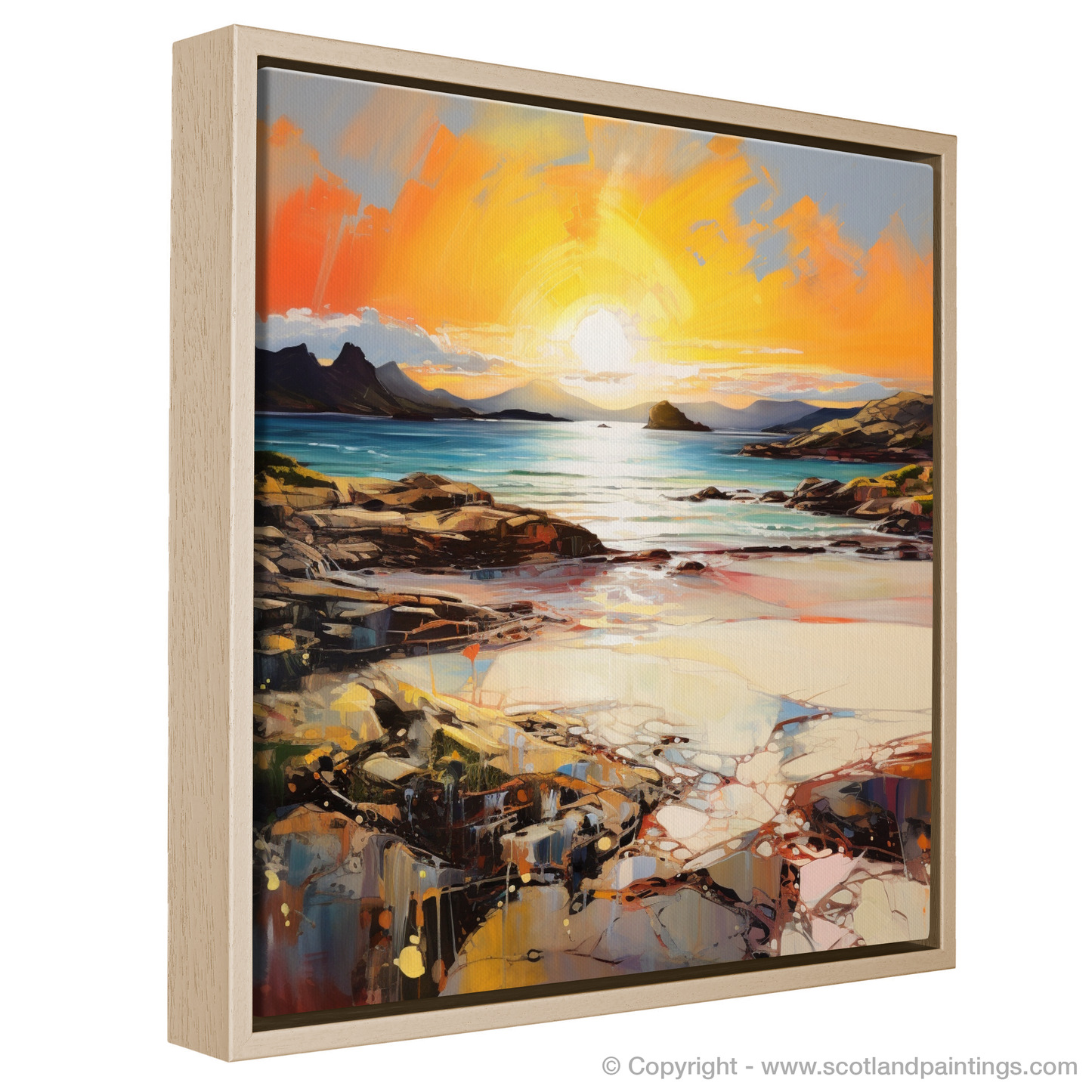 Painting and Art Print of Arisaig Beach at golden hour entitled "Golden Hour Embrace: An Expressionist Ode to Arisaig Beach".