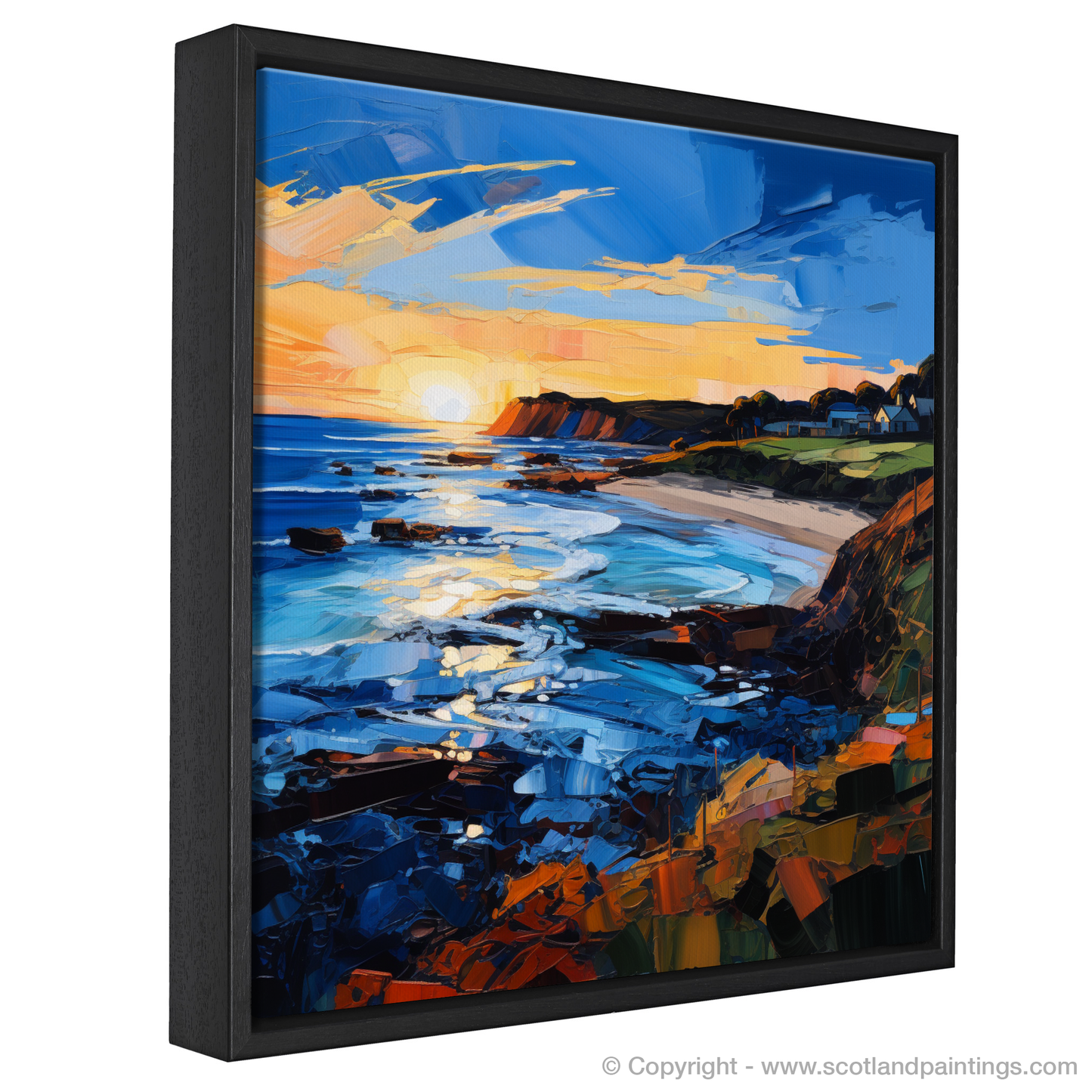 Painting and Art Print of Coldingham Bay at golden hour entitled "Golden Hour Embrace at Coldingham Bay".