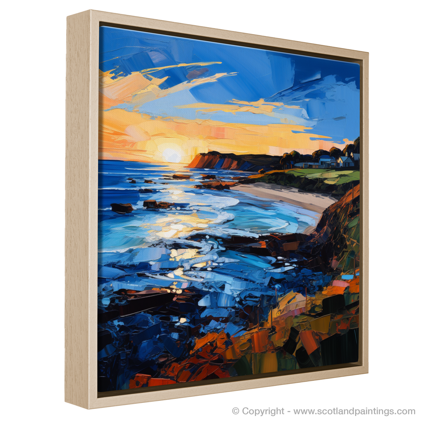 Painting and Art Print of Coldingham Bay at golden hour entitled "Golden Hour Embrace at Coldingham Bay".