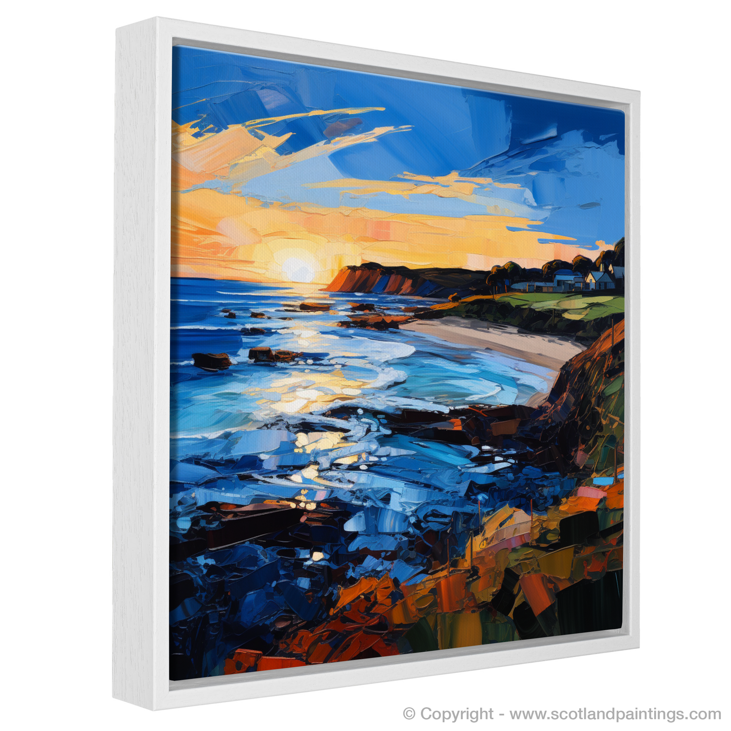 Painting and Art Print of Coldingham Bay at golden hour entitled "Golden Hour Embrace at Coldingham Bay".