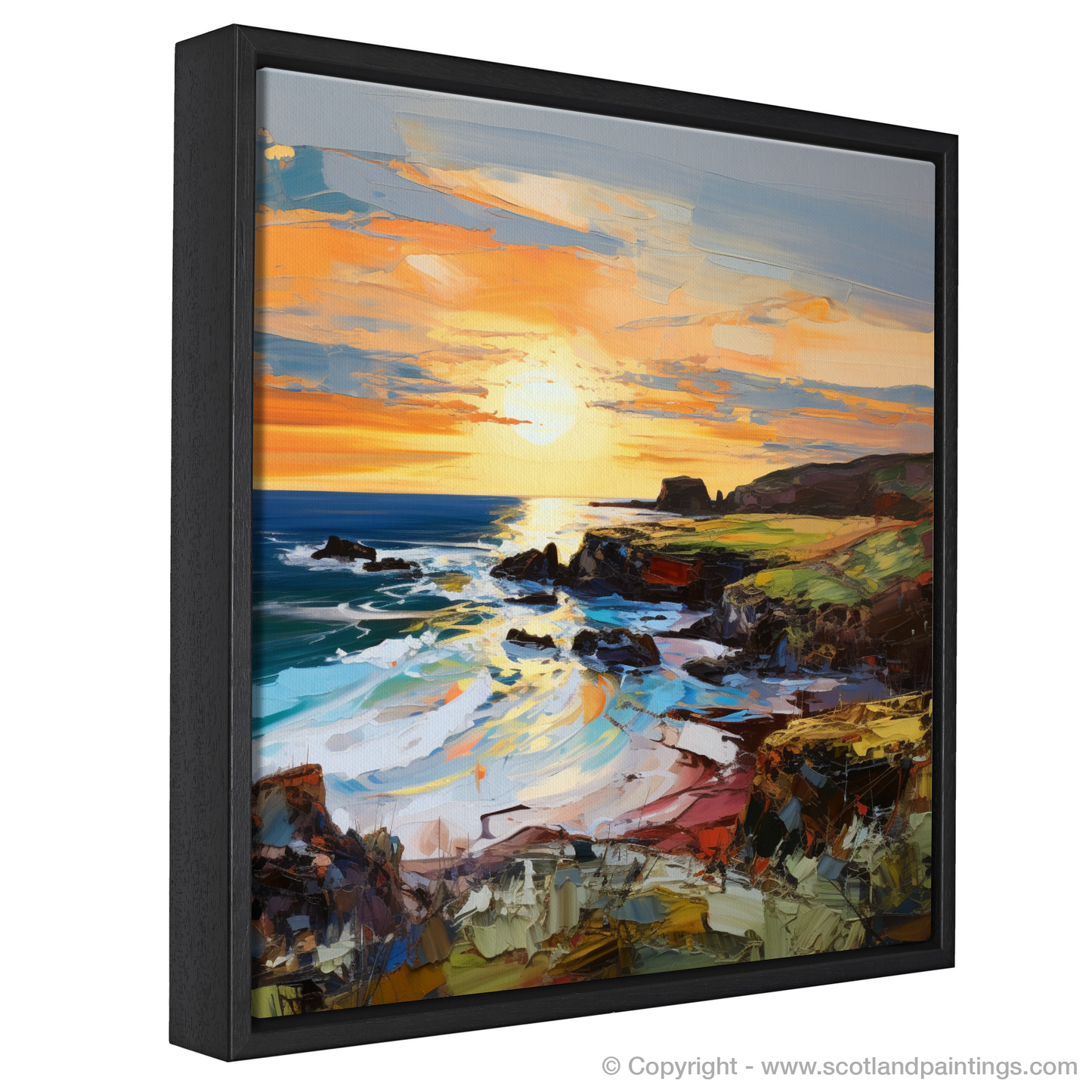 Painting and Art Print of Coldingham Bay at golden hour entitled "Golden Hour Embrace at Coldingham Bay".