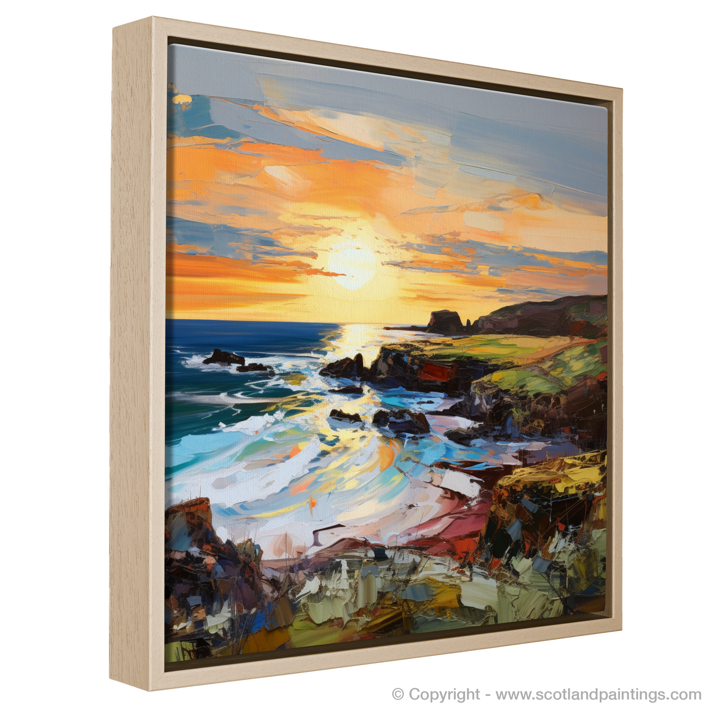 Painting and Art Print of Coldingham Bay at golden hour entitled "Golden Hour Embrace at Coldingham Bay".