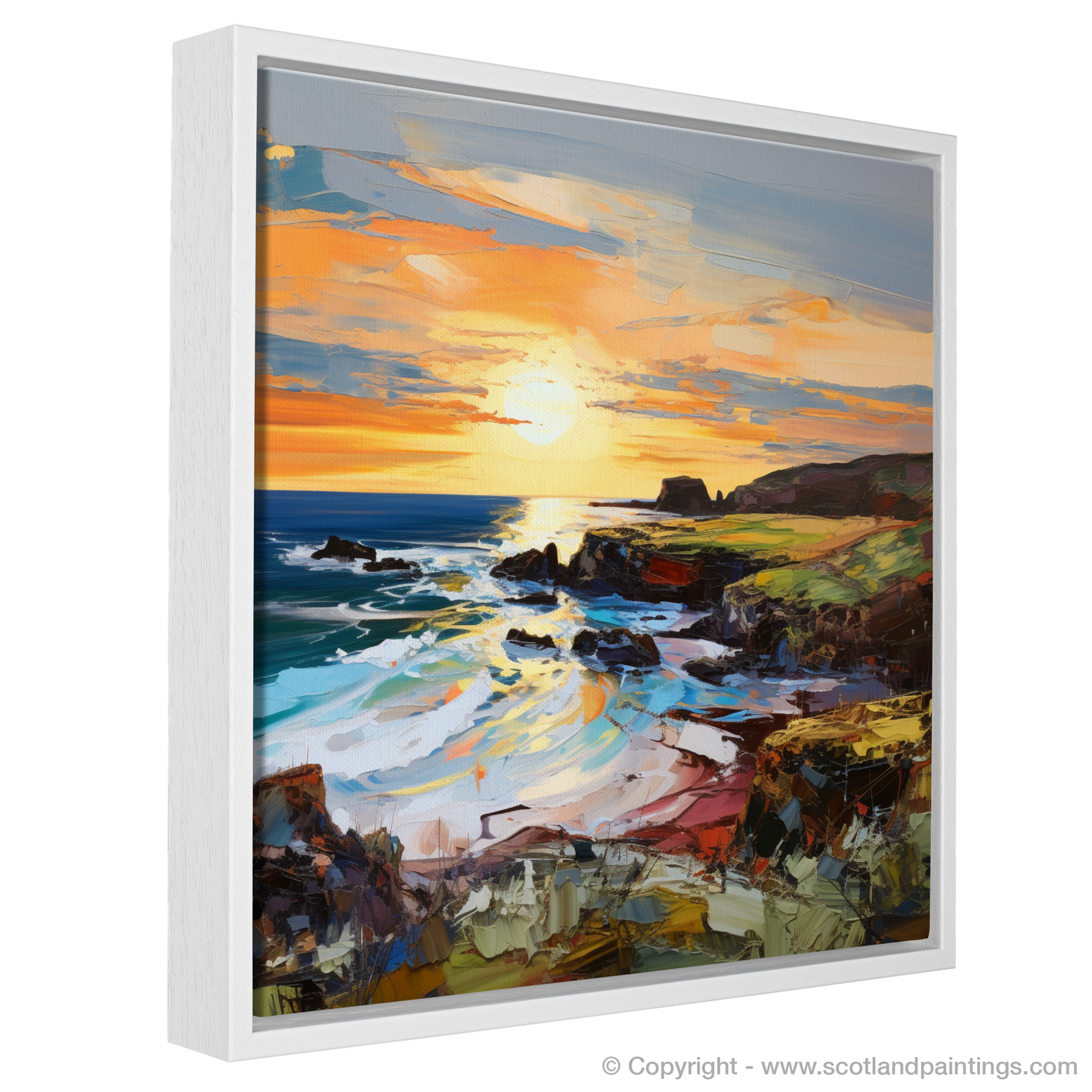 Painting and Art Print of Coldingham Bay at golden hour entitled "Golden Hour Embrace at Coldingham Bay".