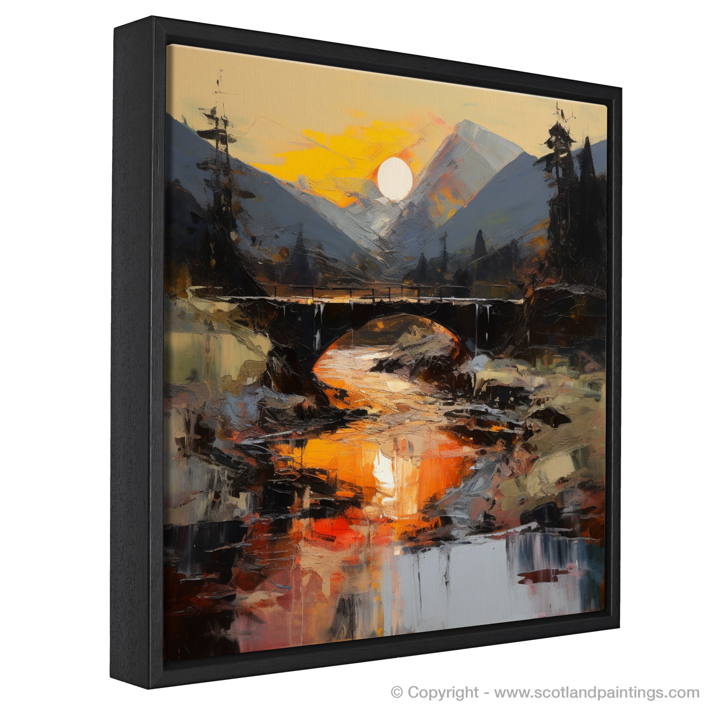 Painting and Art Print of Rustic bridge at twilight in Glencoe entitled "Twilight Serenity: Rustic Bridge in Glencoe".