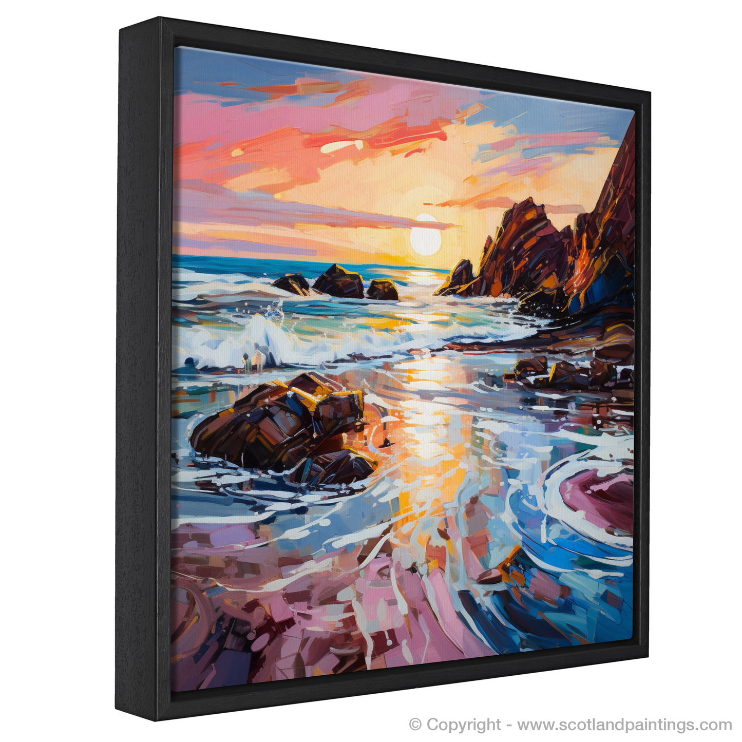 Painting and Art Print of Coldingham Bay at sunset. Coldingham Bay Sunset Expression.