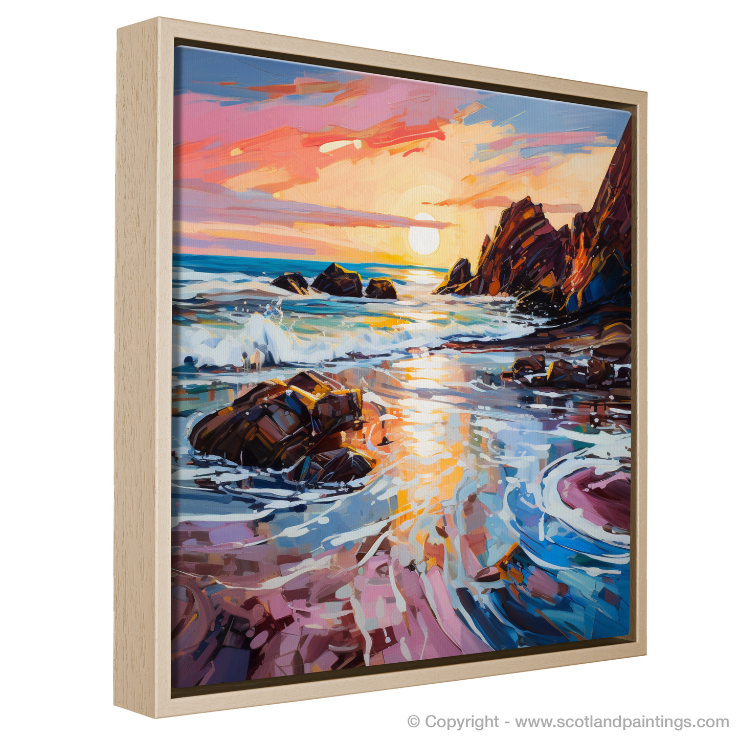 Painting and Art Print of Coldingham Bay at sunset. Coldingham Bay Sunset Expression.