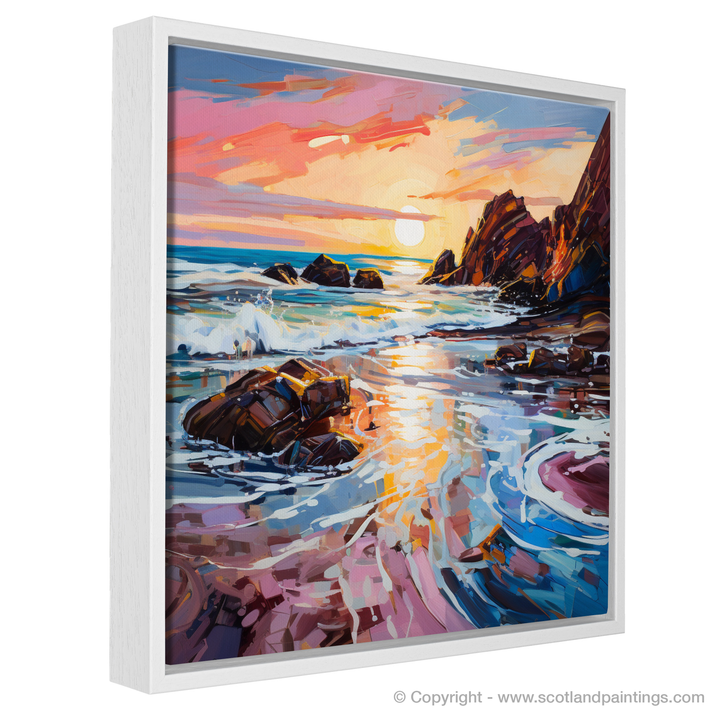 Painting and Art Print of Coldingham Bay at sunset. Coldingham Bay Sunset Expression.