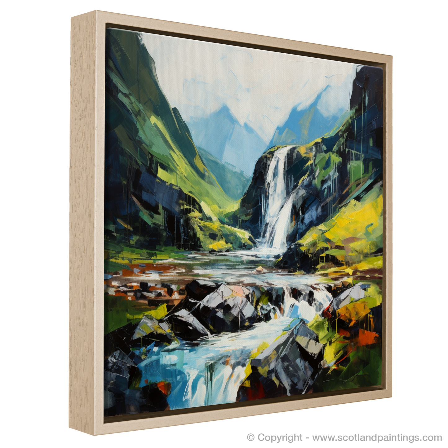 Painting and Art Print of Cascading waterfall in Glencoe entitled "Cascading Majesty: An Expressionist Homage to Glencoe's Waterfall".