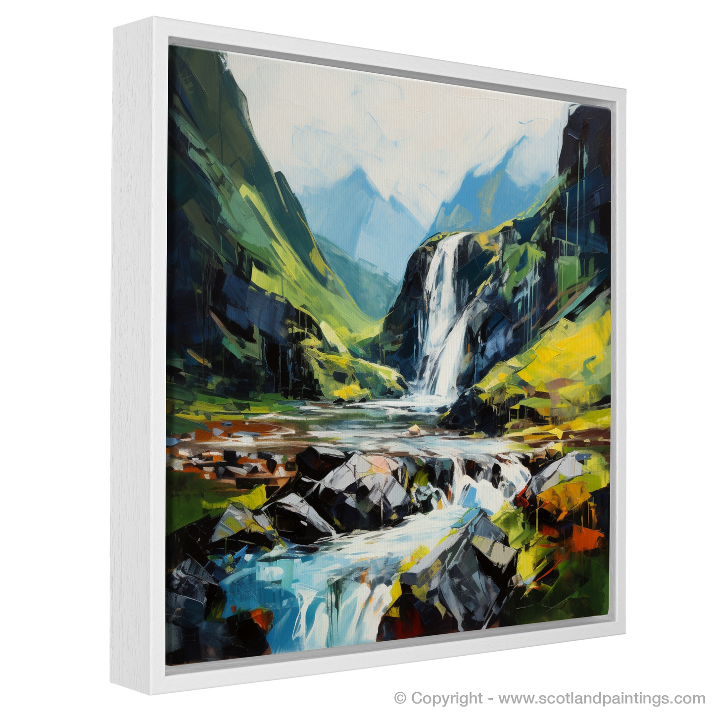 Painting and Art Print of Cascading waterfall in Glencoe entitled "Cascading Majesty: An Expressionist Homage to Glencoe's Waterfall".