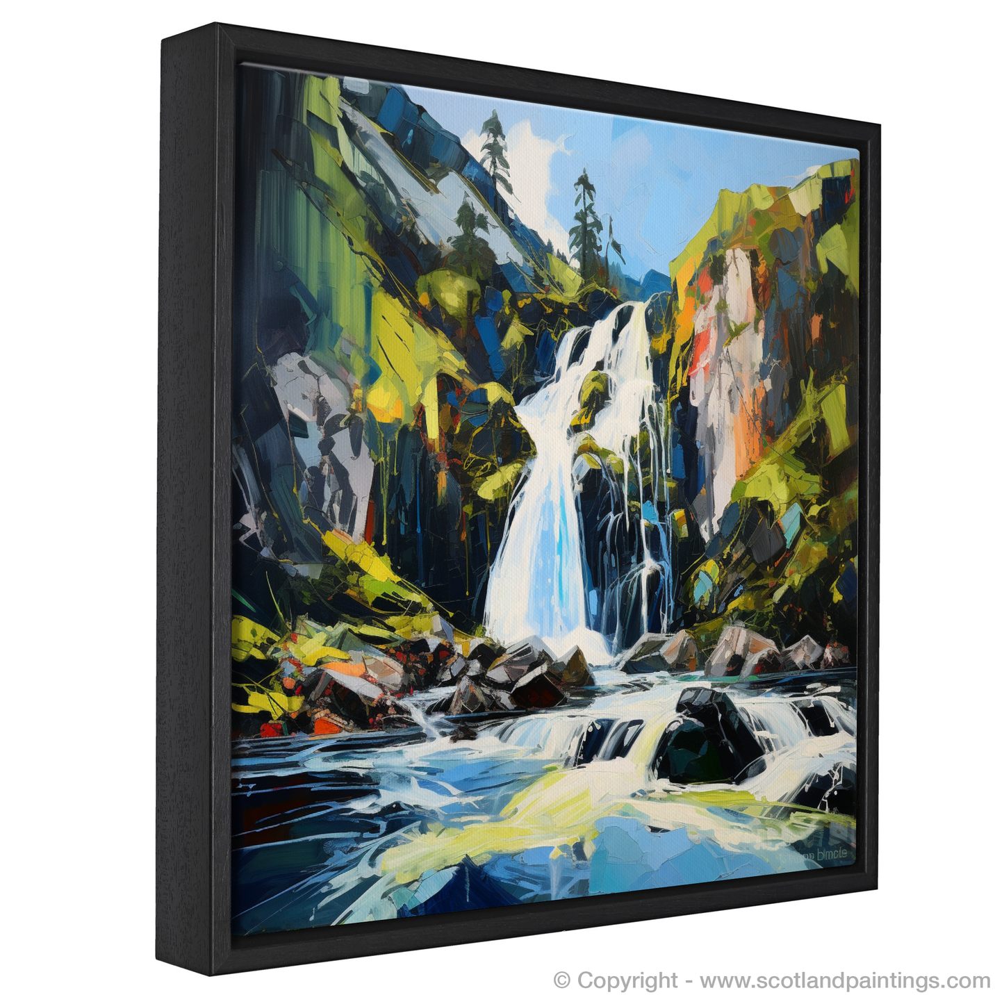 Painting and Art Print of Cascading waterfall in Glencoe entitled "Cascading Majesty: An Expressionist Ode to Glencoe's Waterfall".