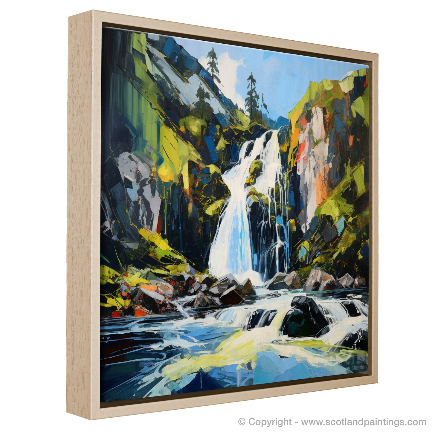 Painting and Art Print of Cascading waterfall in Glencoe entitled "Cascading Majesty: An Expressionist Ode to Glencoe's Waterfall".