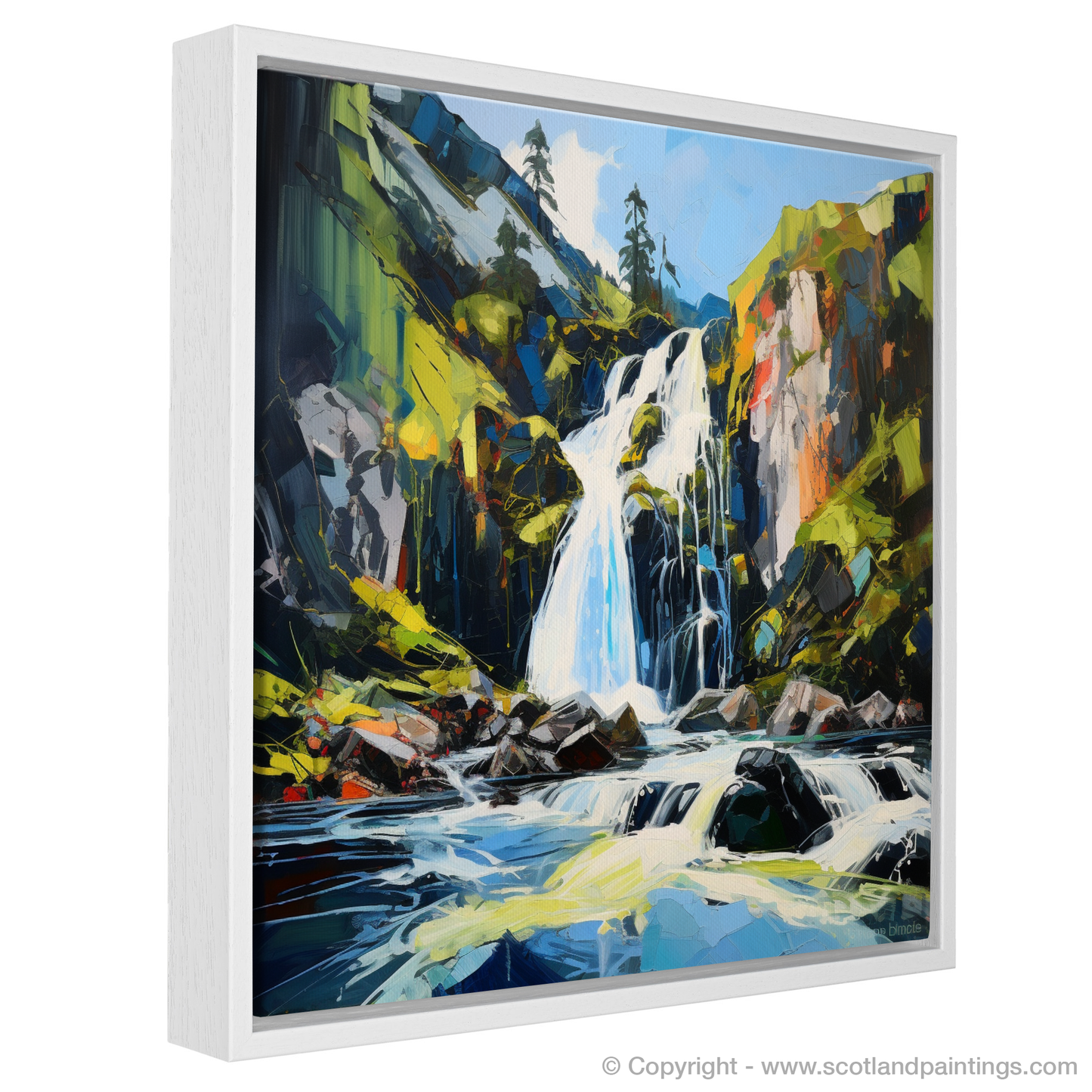 Painting and Art Print of Cascading waterfall in Glencoe entitled "Cascading Majesty: An Expressionist Ode to Glencoe's Waterfall".