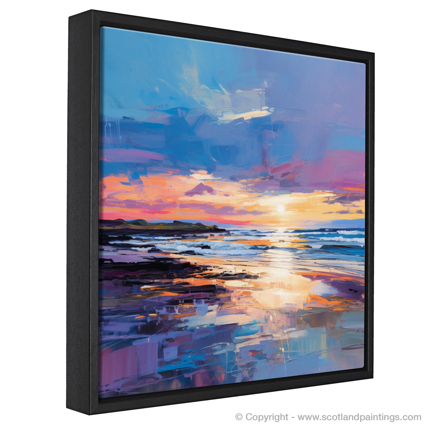 Painting and Art Print of Balmedie Beach at dusk entitled "Dusk's Fiery Embrace at Balmedie Beach".