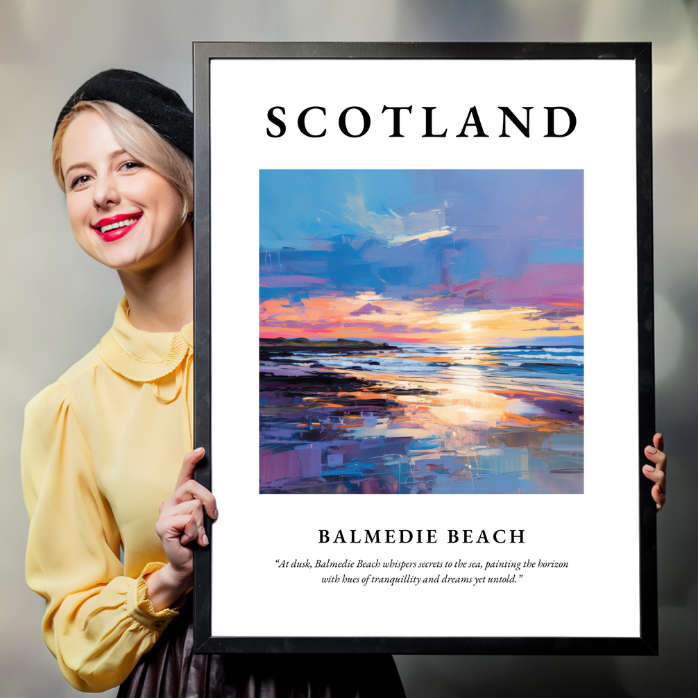 Person holding a poster of Balmedie Beach