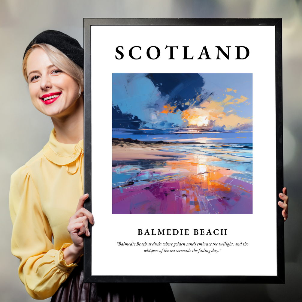 Person holding a poster of Balmedie Beach