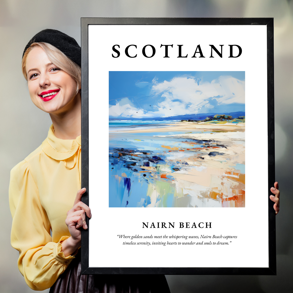 Person holding a poster of Nairn Beach