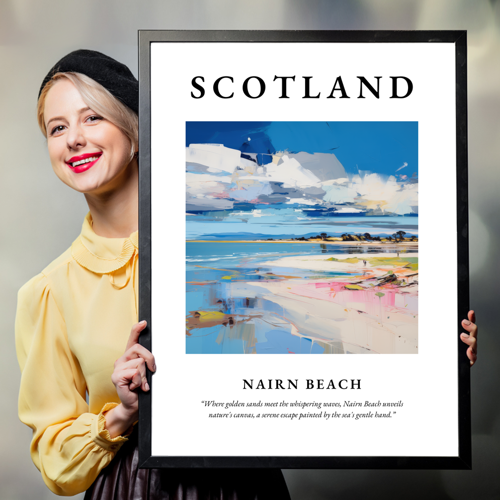 Person holding a poster of Nairn Beach