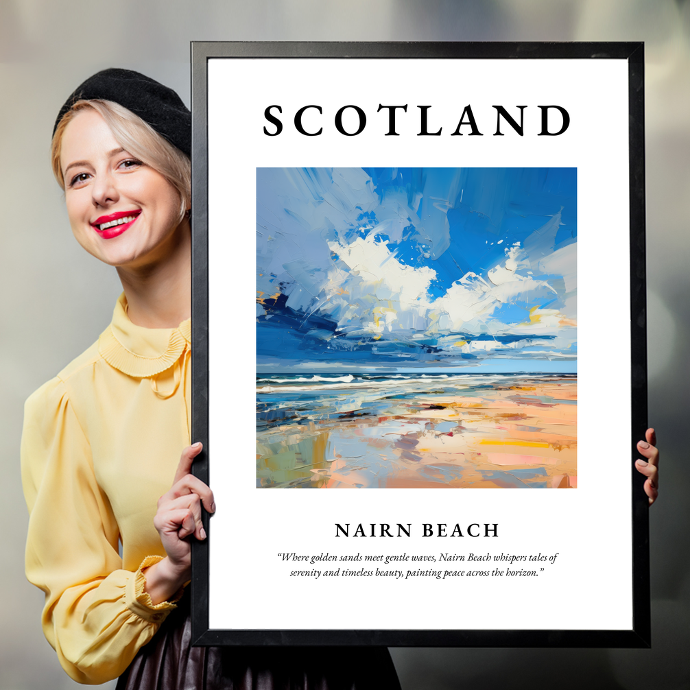 Person holding a poster of Nairn Beach