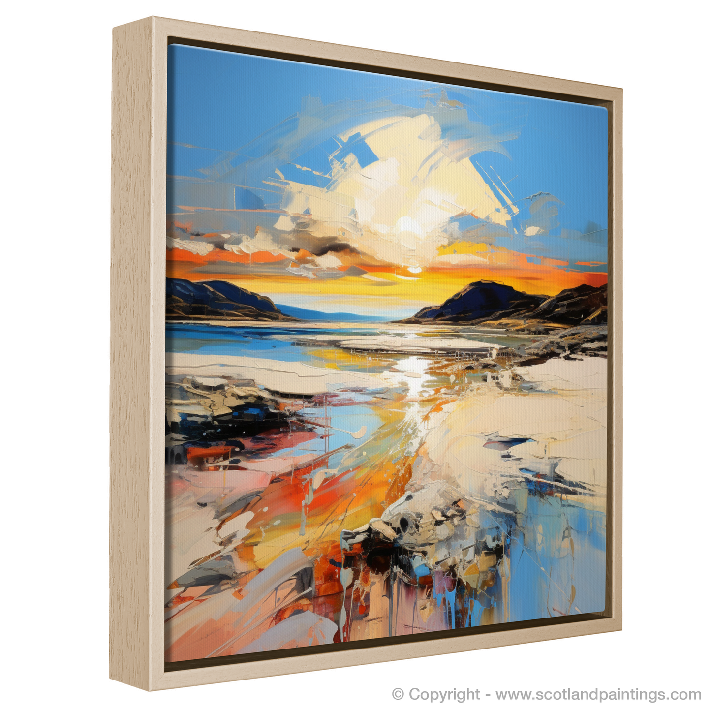 Painting and Art Print of Traigh Mhor at golden hour entitled "Golden Hour at Traigh Mhor: An Expressionist Panorama".